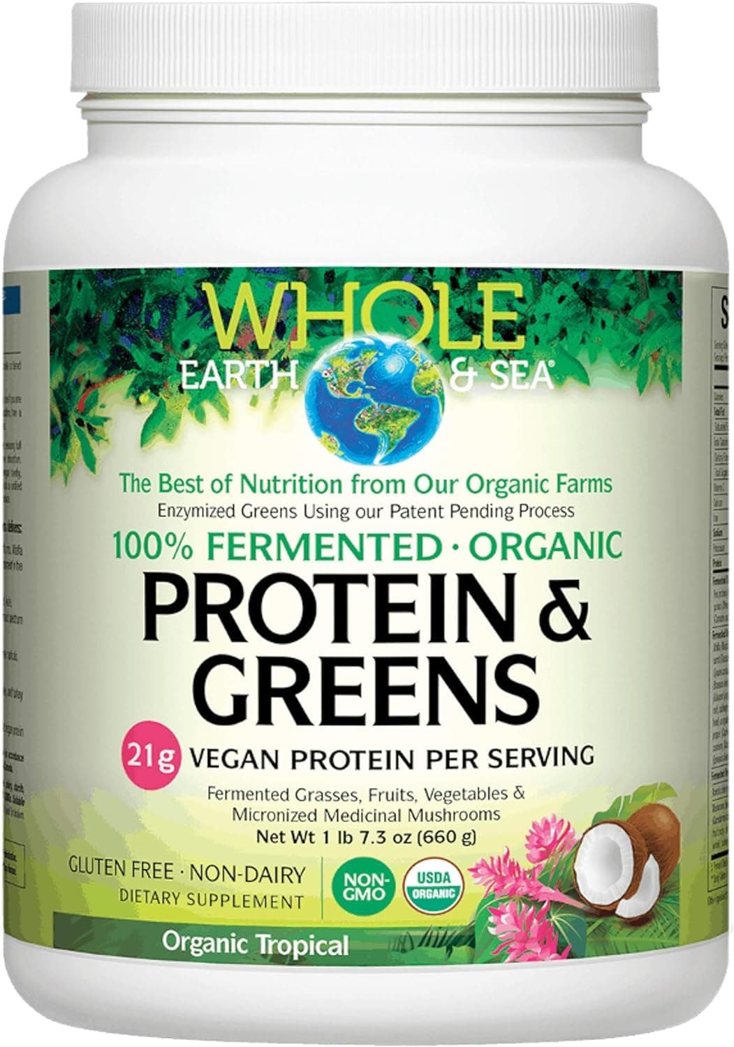 Whole Earth & Sea from Natural Factors, Organic Fermented Protein & Greens, Whole Food Supplement, Vegan, Non-Dairy, Tropical, 1 lb 7.3 oz (20 Servings)