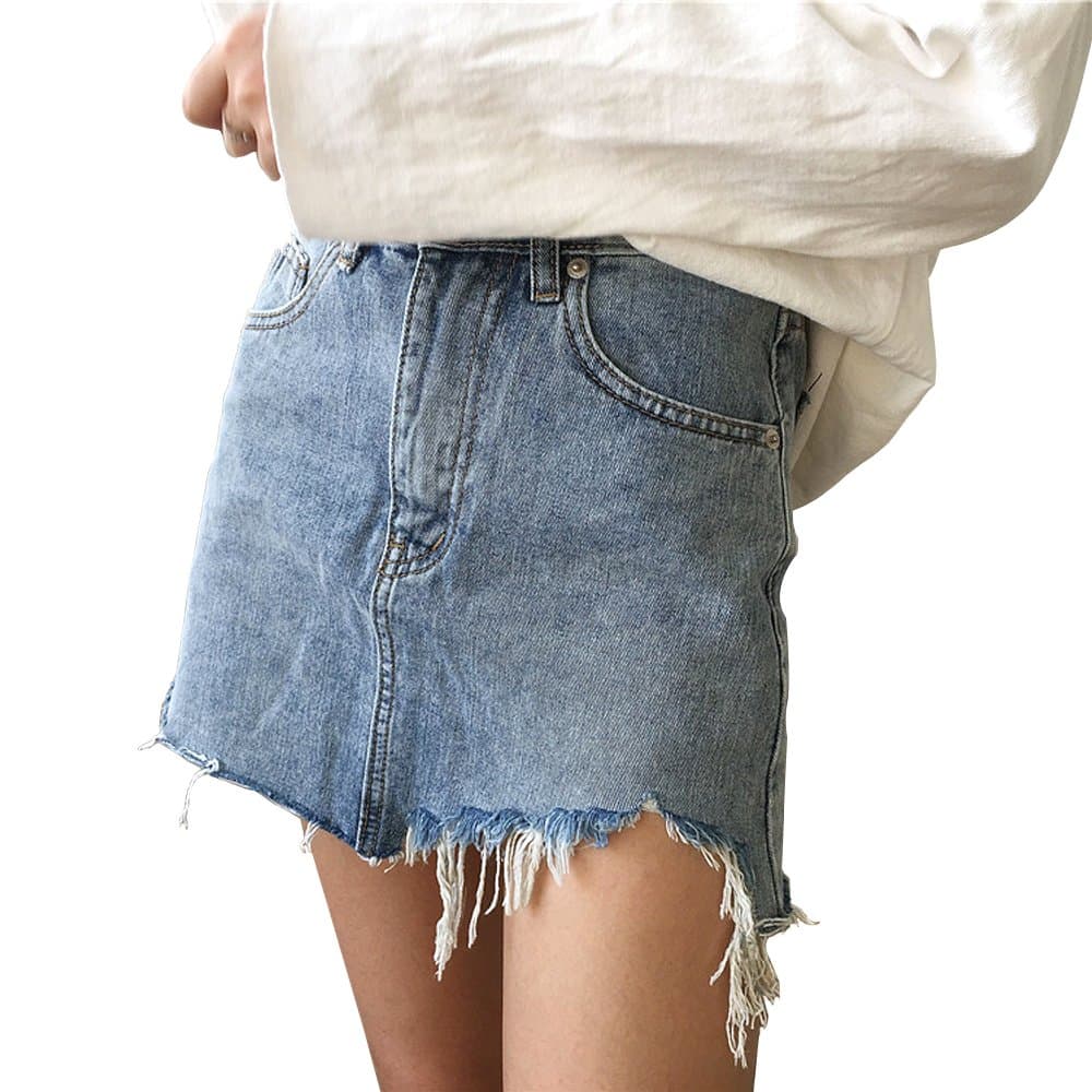 Irregular Women A-Line Ripped Denim Skirt High Waist