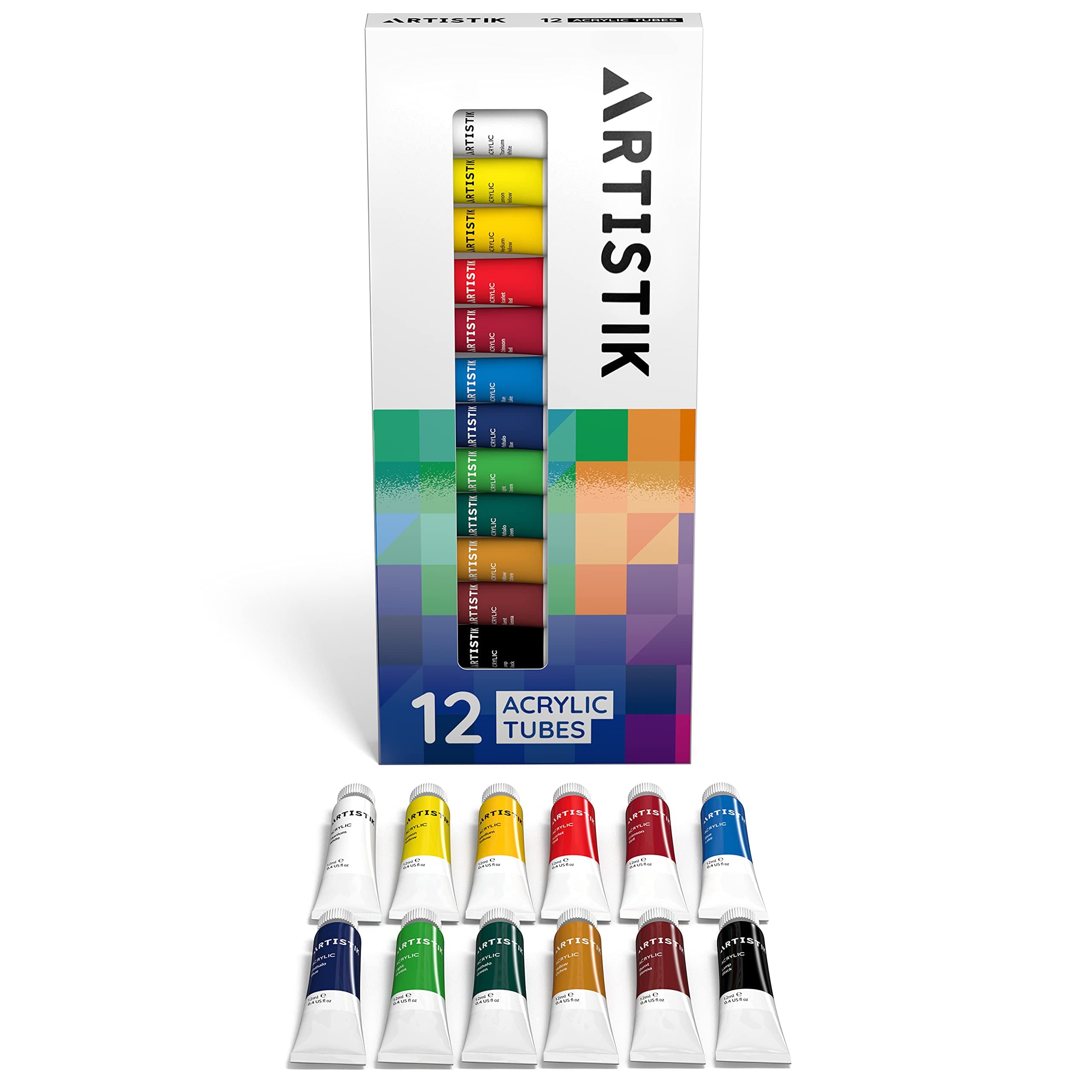 ARTISTIKAcrylic Paint Set - 12 Piece Set of Professional Painting Acrylic Paints with Vivid Pigments and Rich Colours for Any Age and Skill Level (Set of 12 Tubes)