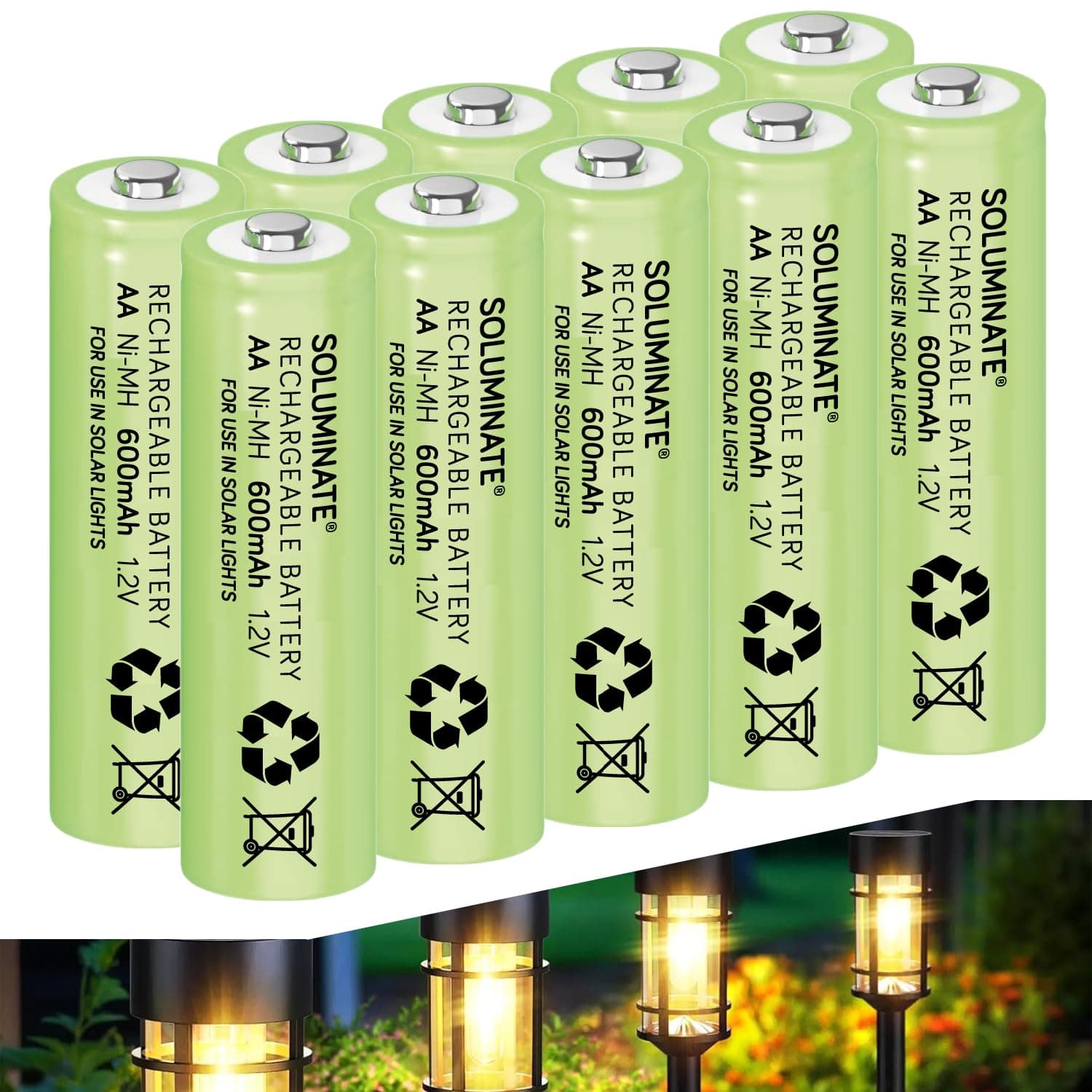 Soluminate Rechargeable AA Solar Light Batteries (600mAh) Replacement for Outdoor Garden Solar Lights, Driveway Lights, and Solar String Lights. Latest 1.2V NiMH Technology (10-Pack)