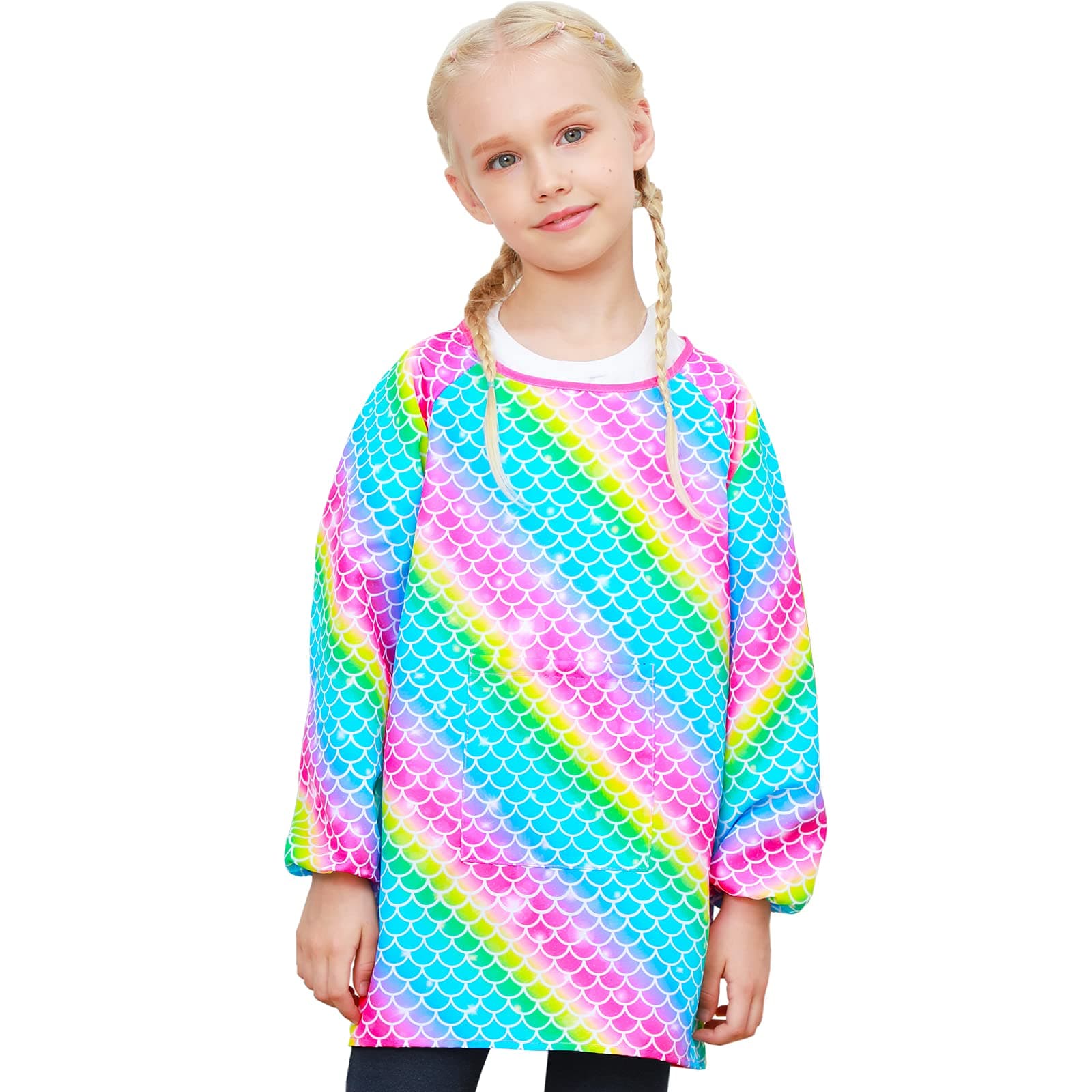 PASHOP Kids Art Smocks Unicorn Waterproof Painting Apron Smock for Girls Boys Long Sleeve Knee Length Artist Smock with Pocket for 3-12 Years (Rainbow Mermaid, 3-7 Years)
