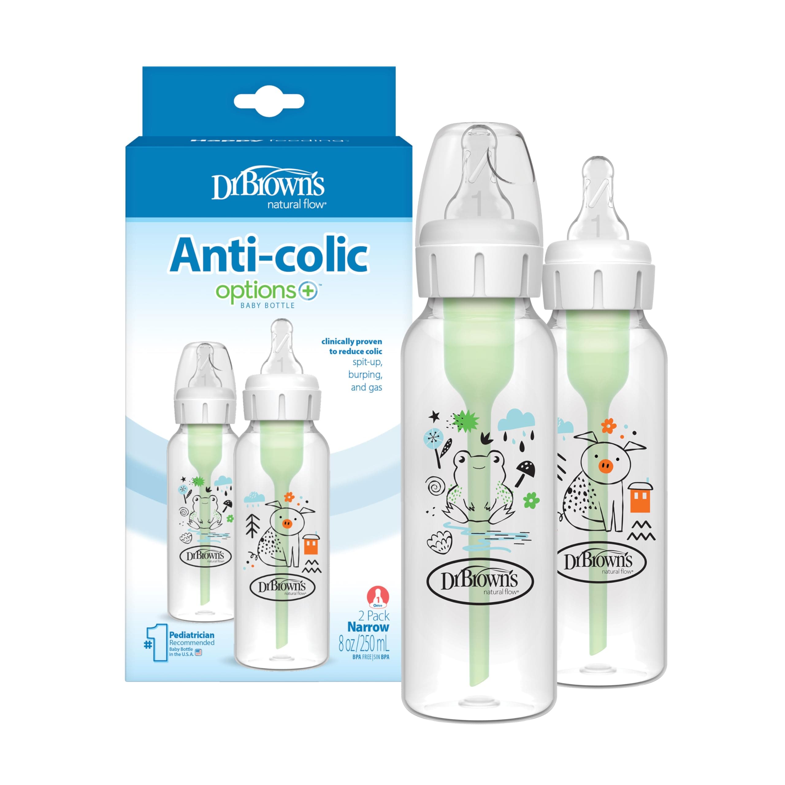 Natural Flow Anti-Colic Options+ Narrow Baby Bottle, Pig & Frog, 8 oz/250 mL, with Level 1 Slow Flow, BPA Free, 0m+, 2-Pack