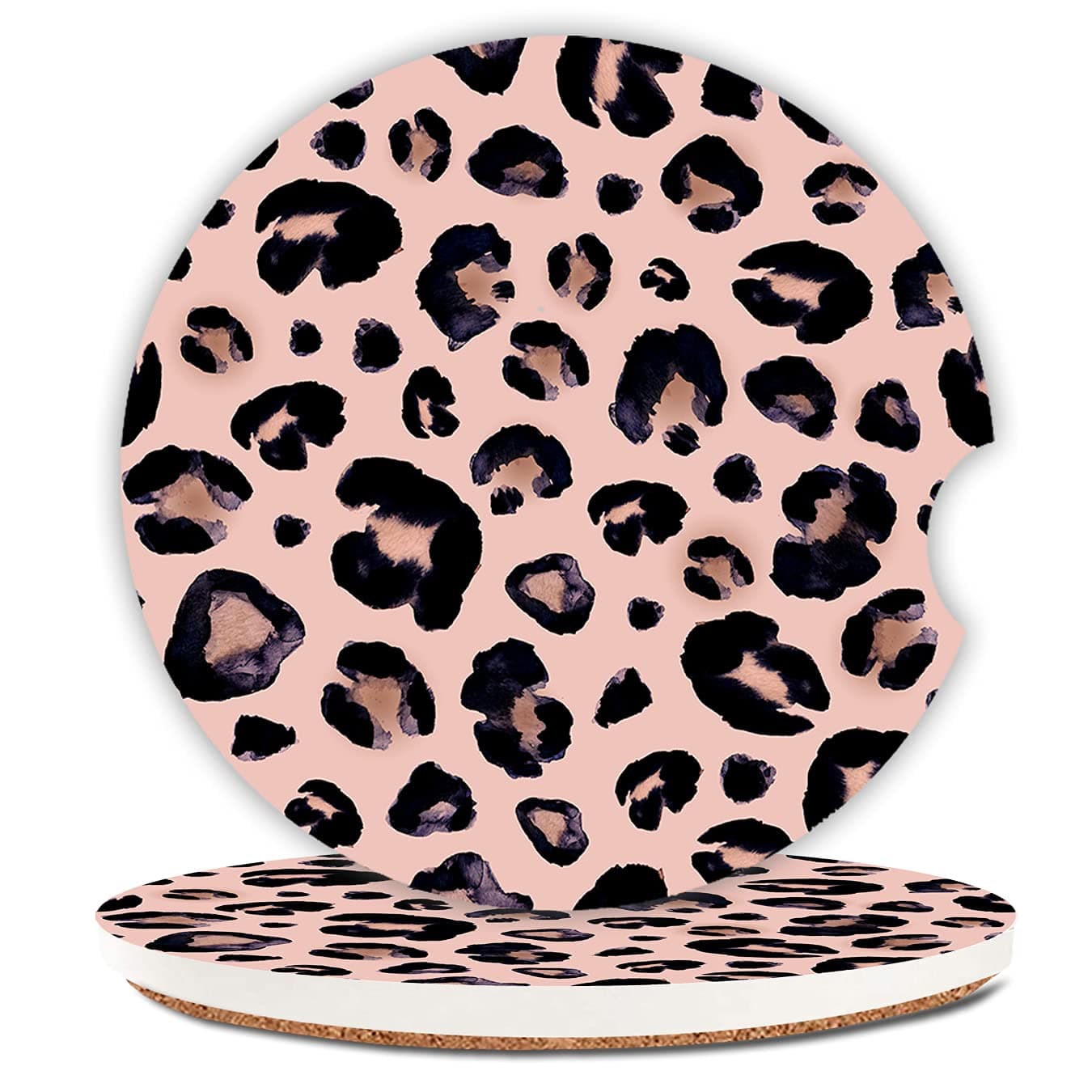Pink Black Leopard Ceramic Cup Holders Car Coasters Set for Women/Men,Keep Cup Holders Clean and Dry,Drink Cup Car Holder Coasters with A Finger Notch 2.56" Pack of 2