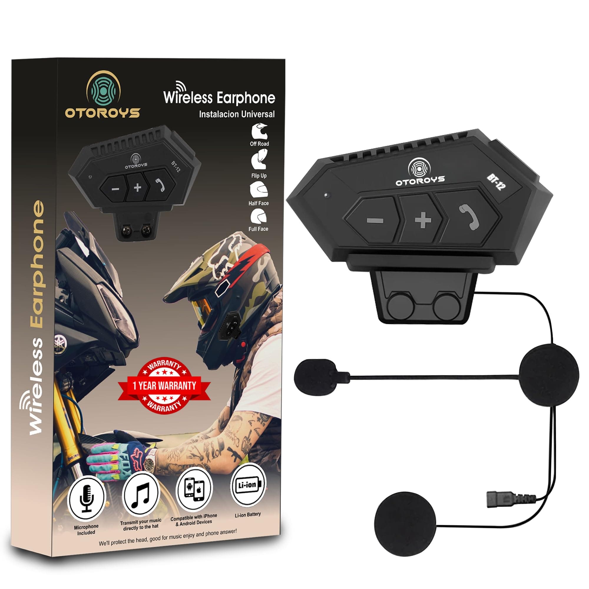 OTOROYS 1 Year Warranty Motorcycle Helmet Wireless Dual Earphone On-Ear Helmet Bluetooth Calling and Music with Mic, (Support iOS & Andriod) (OTOB12)