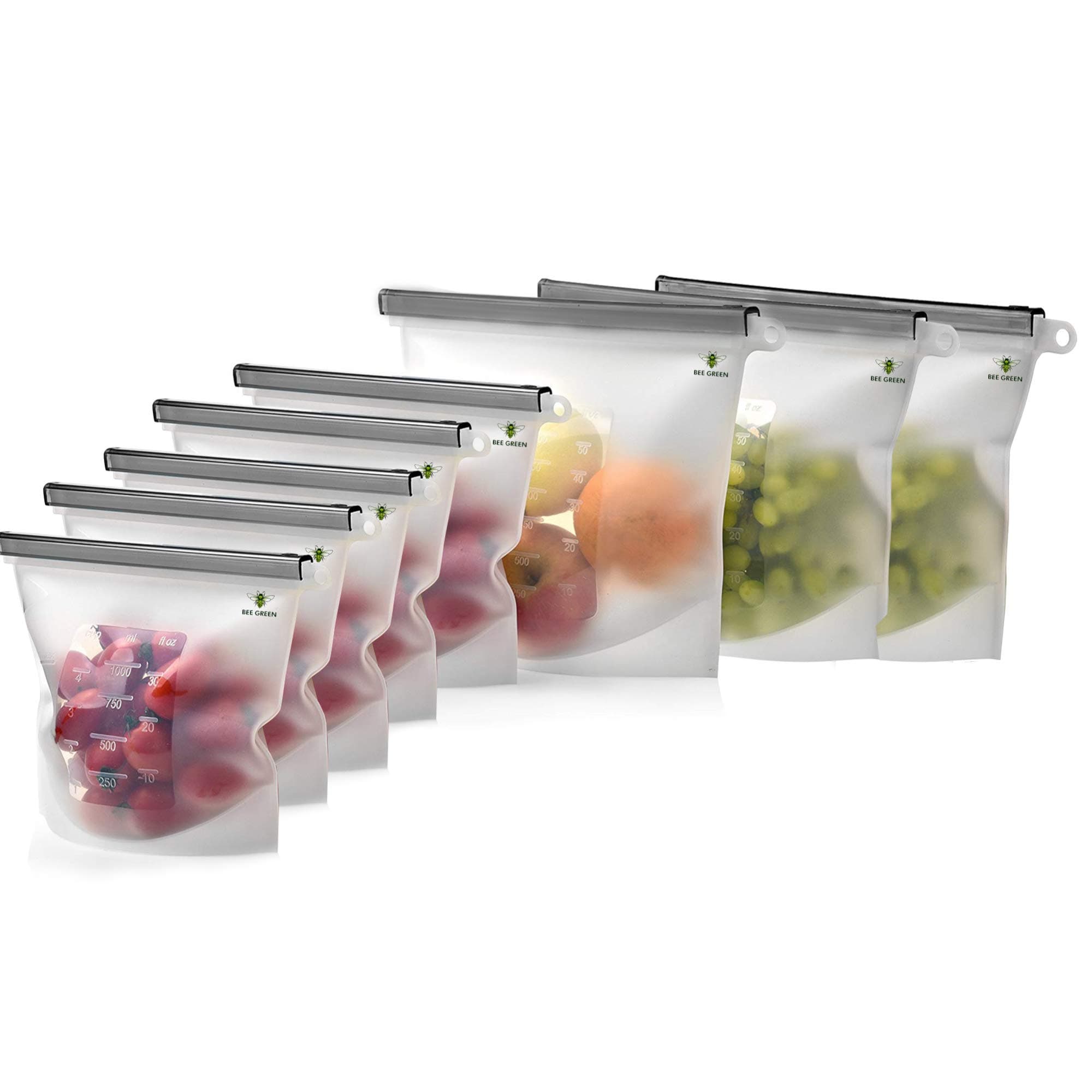 Bee Green Reusable Silicone Food Storage Bags, 8 Pack, Heat-Resistant Medium and Large Pouches with Leakproof Seals for Microwave, Sous Vide Cooking, Leftovers and Freezer use