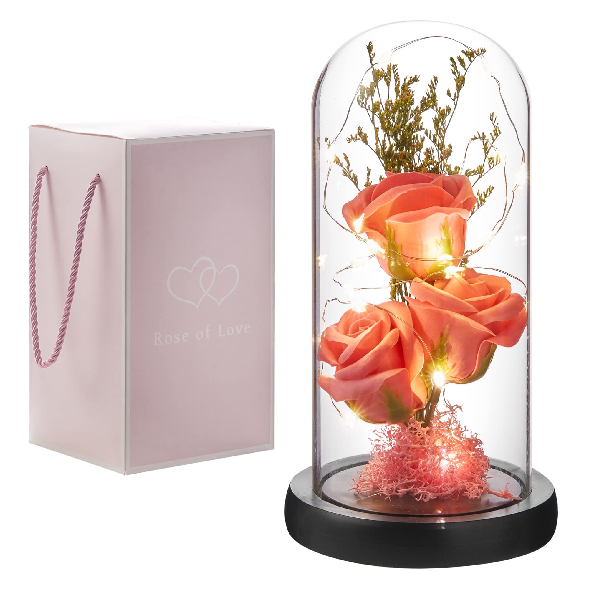 Preserved Flower Gift, Light Up Rose in Glass Dome, Eternal Forever Rose Flower Gifts for Her, Grandma, Mother’s Day, Valentine’s Day, Anniversary, Birthday, Christmas Decorations, Rose Pink