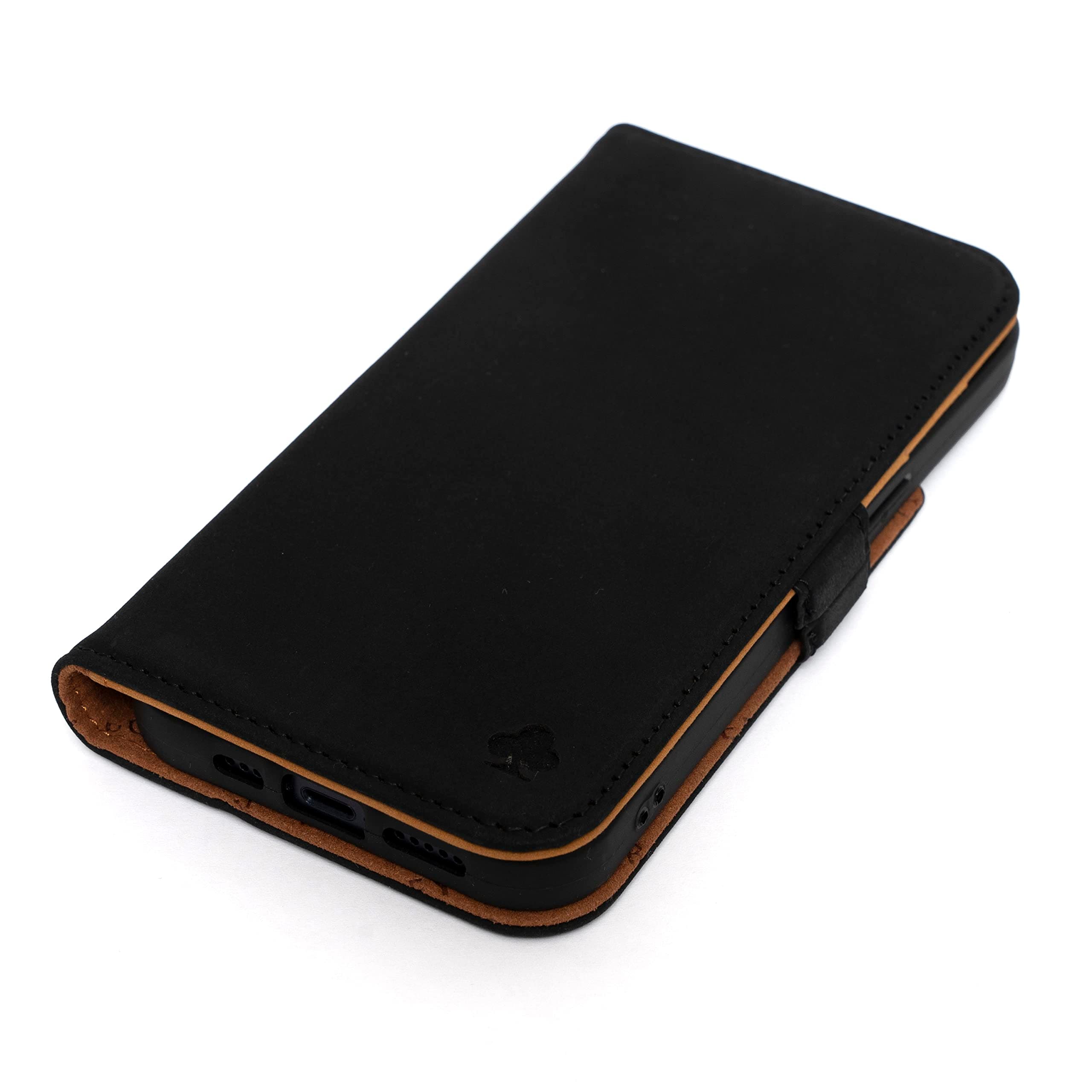 Porter RileyPORTER RILEY - Leather Case for iPhone 13 Pro (6.1"). Premium Nubuck Genuine Leather Stand/Cover/Wallet/Flip Case with Card Slots & Horizontal Stand (Black, Tan)