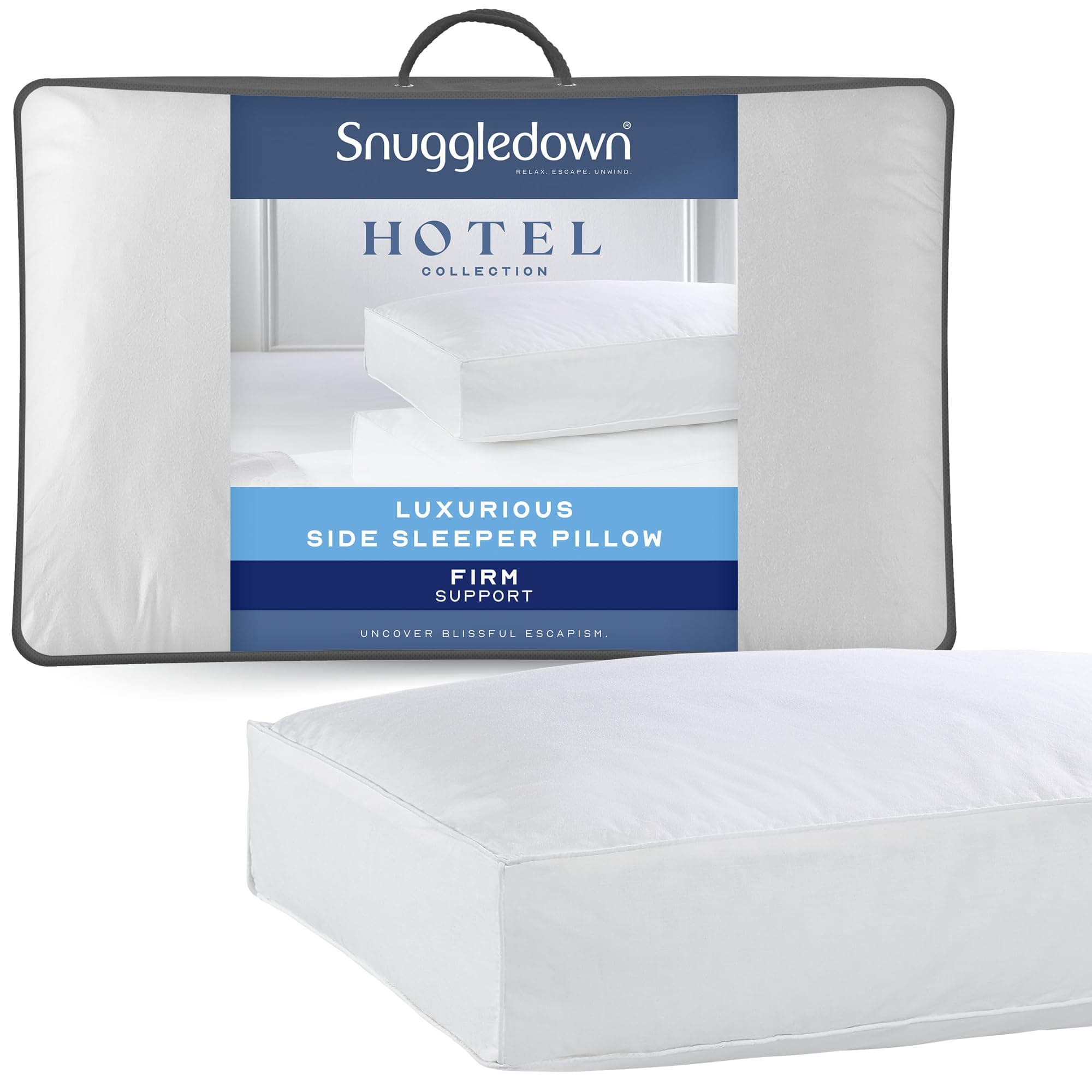 Snuggledown Hotel Side Sleeper Pillow - Firm Box Wall Support for Back & Side Sleepers | Breathable & Non-Allergenic 100% Cotton Cover, UK-Made & Washable (38 x 64cm)