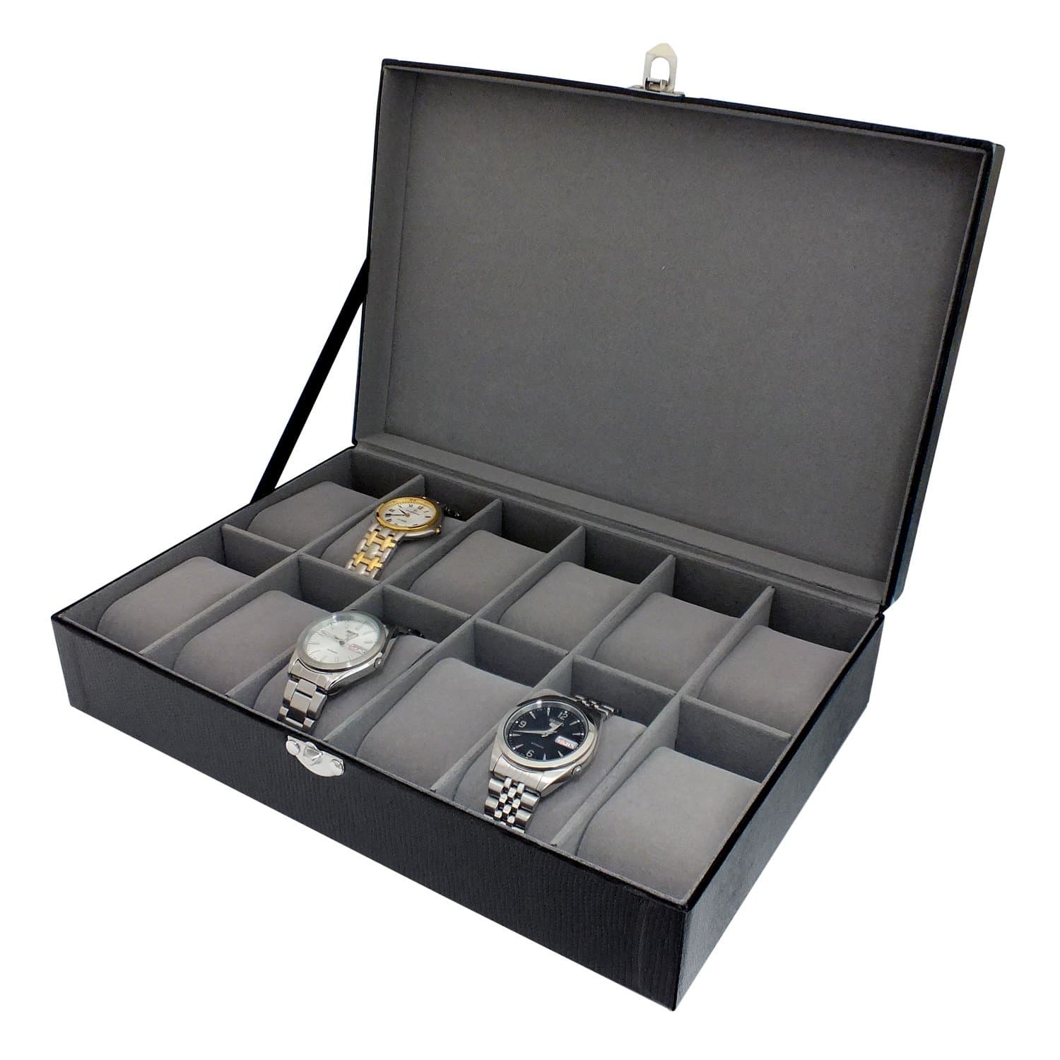 Harvey Makin Gents Black Textured Design Leather 12 Compartment Watch Case Storage Box