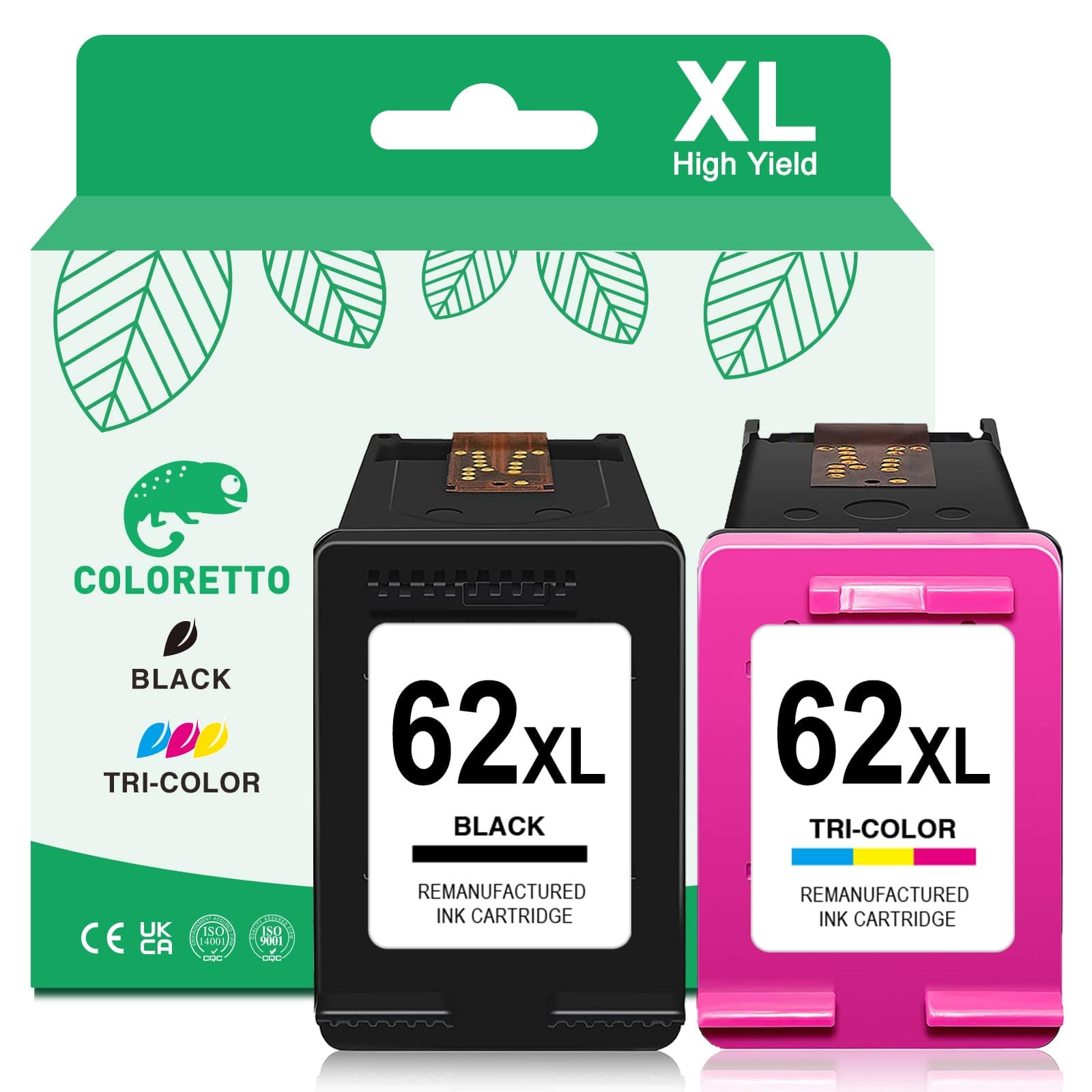 COLORETTO 62XL Ink Cartridges Black and Color Replacement for HP Ink 62, 62 XL for HP 62 Ink Cartridge Combo Pack HP62 Work with Envy 7640 5660 5540 7645 5740 5746 OfficeJet 250 200 Printer (2 Pack)