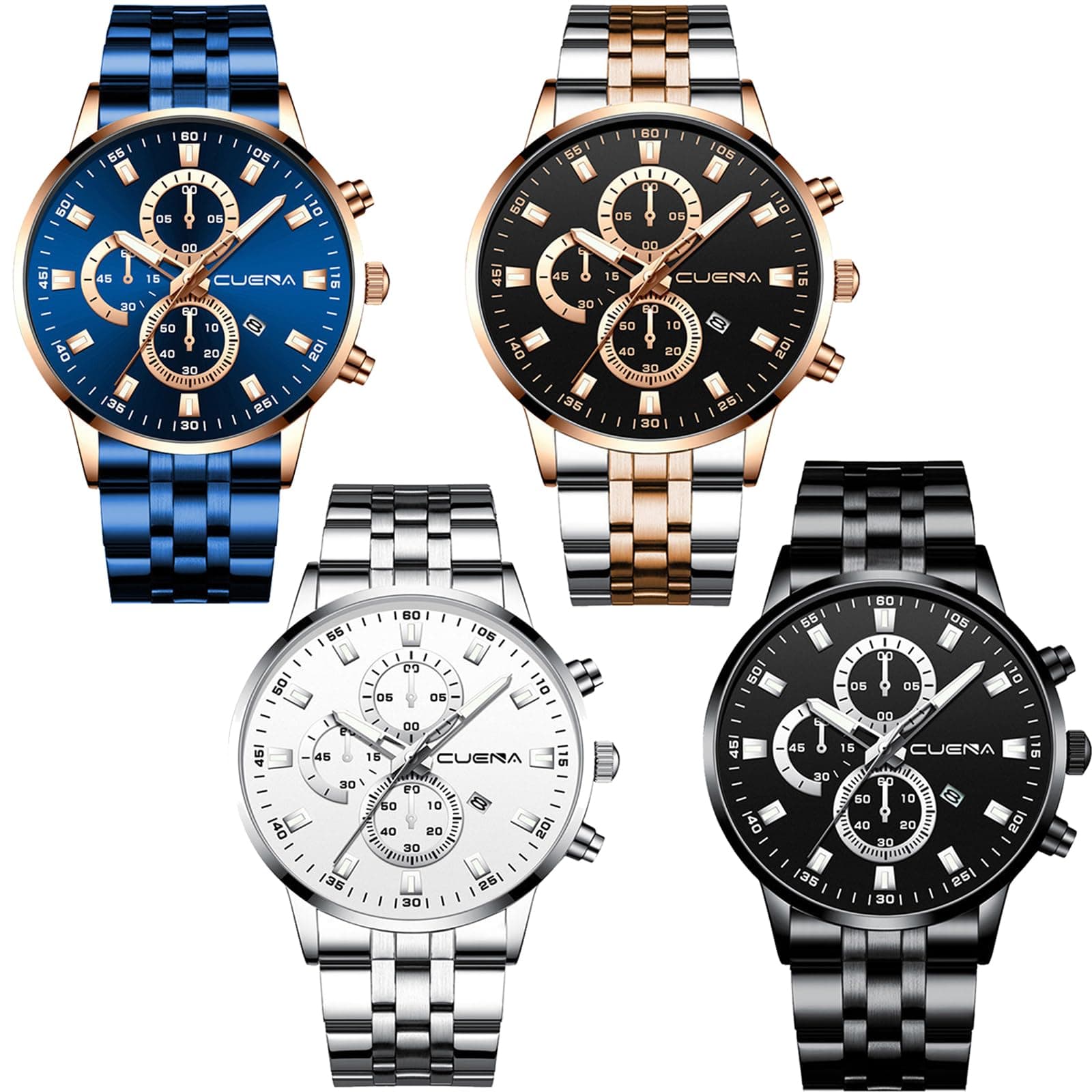 4 Pack Men's Watches Luxury Casual Dress Business Waterproof Military Quartz Wristwatches for Men Stainless Steel Band Gold Black Blue Silver Wholesales Set Assorted