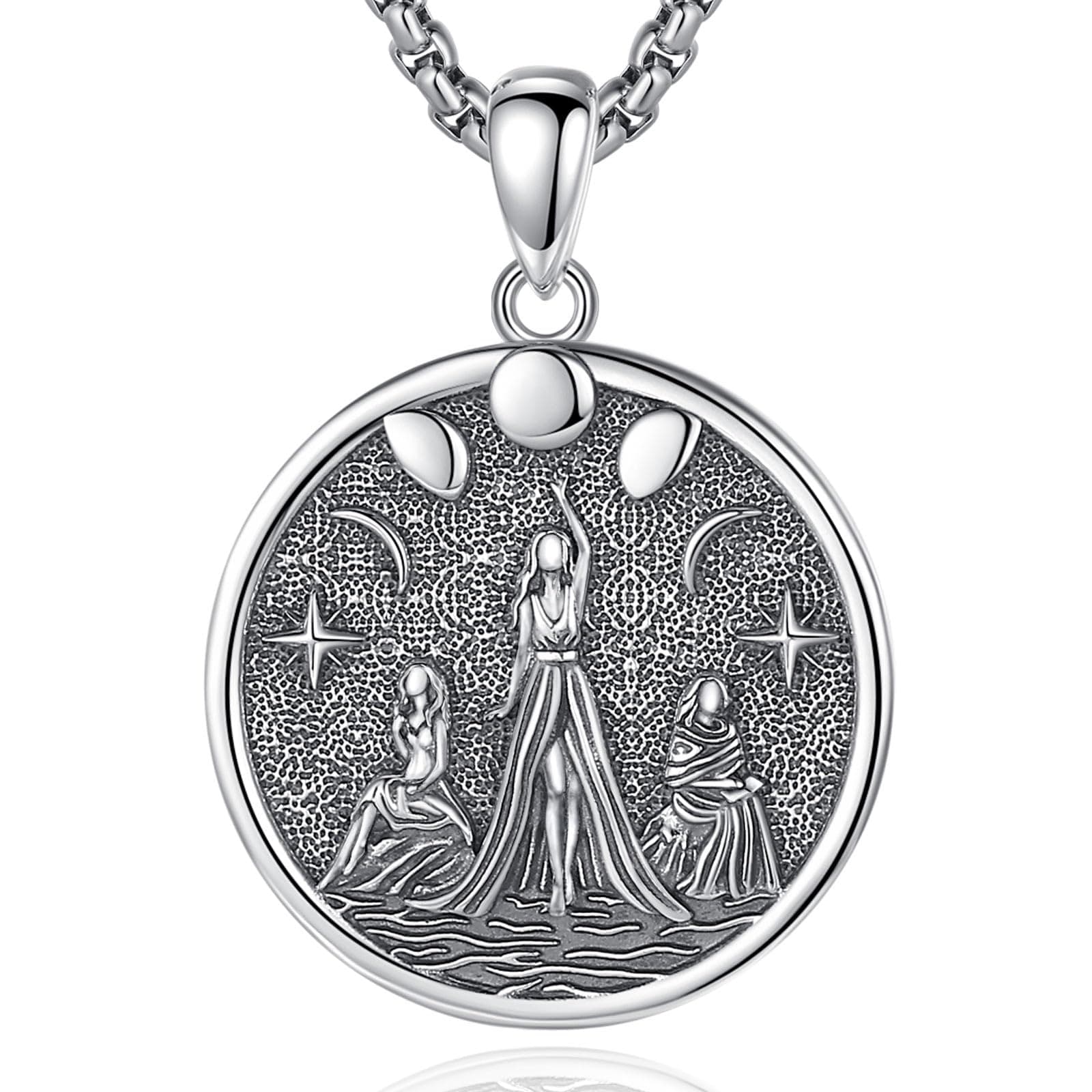 INFUSEUINFUSEU Triple Moon Goddess Necklace 925 Sterling Silver Pendant Pagan Wiccan Magic Goddess Hecate Lilith Amulet Protection Jewellery for Women Men