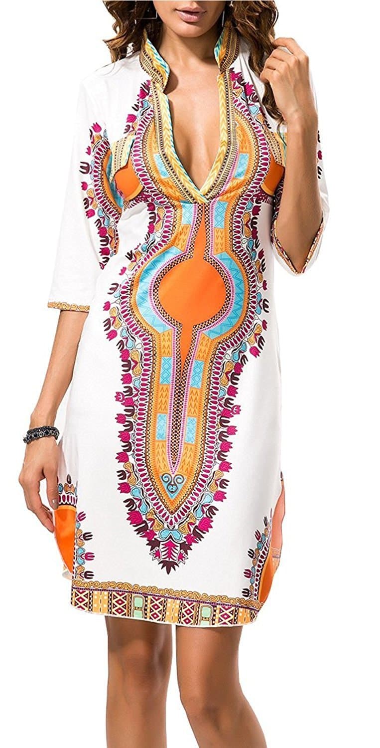 Women Bohemian V Neck Vintage African Print Ethnic Shift Dress