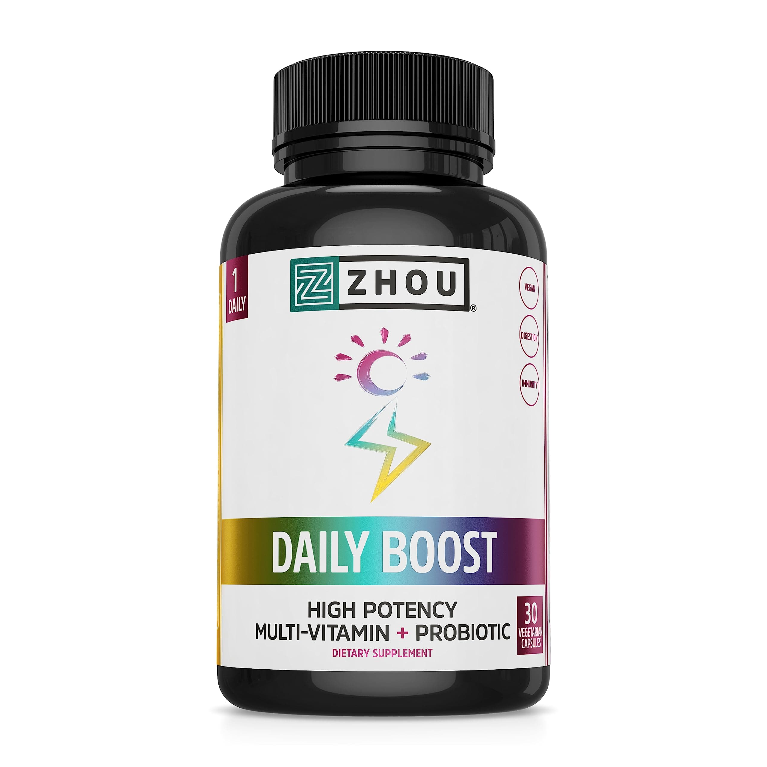 Zhou Nutrition Daily Boost Multivitamin with Probiotic, Zinc, Vitamin C, D3, B Complex for Immune Support, Energy and Digestive Health | Vegan, Gluten Free, Soy Free | 30 Servings
