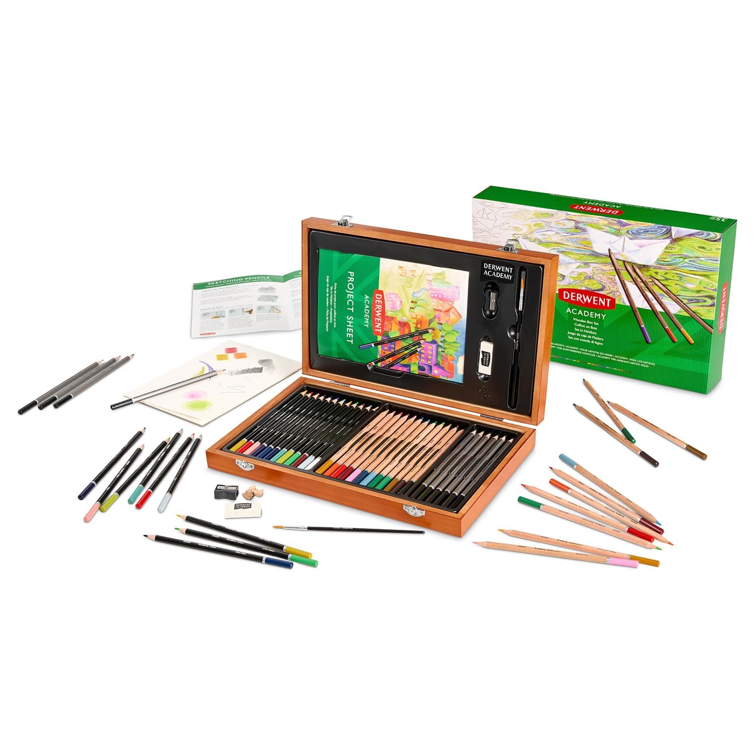 Academy Wooden Gift Box Complete Starter 35 Piece Art Set - Painting, Drawing & Colouring set with Accessories for Arts & Crafts - Premium Hobbyist Quality Pencil Set for Adults & Teens