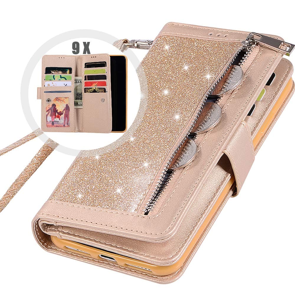 Note 8 Bling Wallet Case with Strap,Auker Folio Flip Leather 9 Card Holder Folding Stand Wallet Case Full Body Protective Glitter Purse Case with Money Pocket for Women Samsung Galaxy Note8 (Gold)