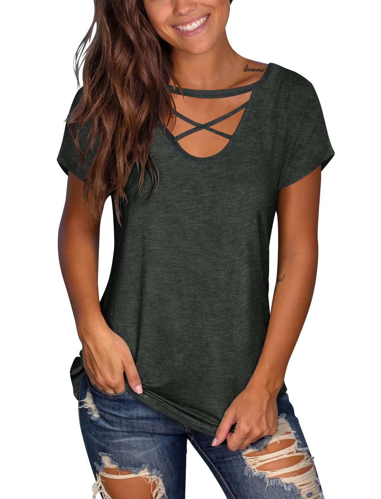 Floral Find Women's Short Sleeve Criss Cross Tops Casual V Neck Choker T Shirt Tees