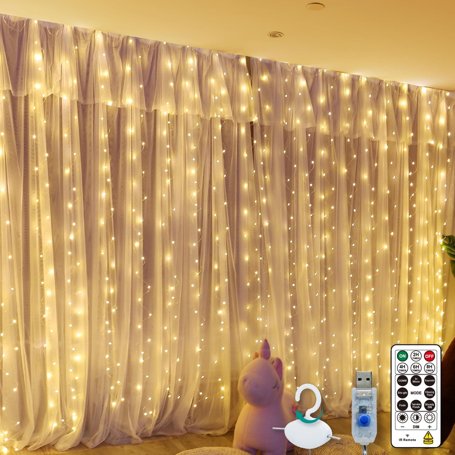 Warm White Curtain Light for Bedroom, 300 LED 9.8ft x 9.8ft Window Fairy Curtain String Light with 16 Hooks, 8 Models Remote Control for Wedding Party Home Garden Indoor Decorations