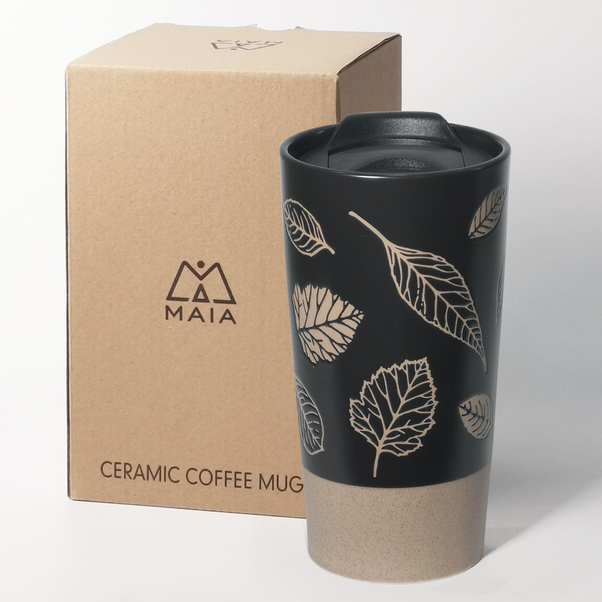 MAIA Tumbler Travel Coffee Mugs Coffee Cups with Lids Ceramic Portable 350 ml Coffee Tumblers with Lids Tea Cup Mug for Coffee Travel Mug Insulated Coffee Mug Double-Walled with Leaf Black Gift