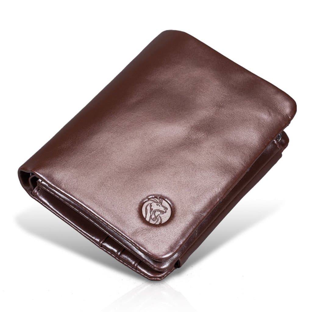 Men's Trifold Business Wallet with Zipper Bag,Genuine Oil Wax Cow Leather,Coffee