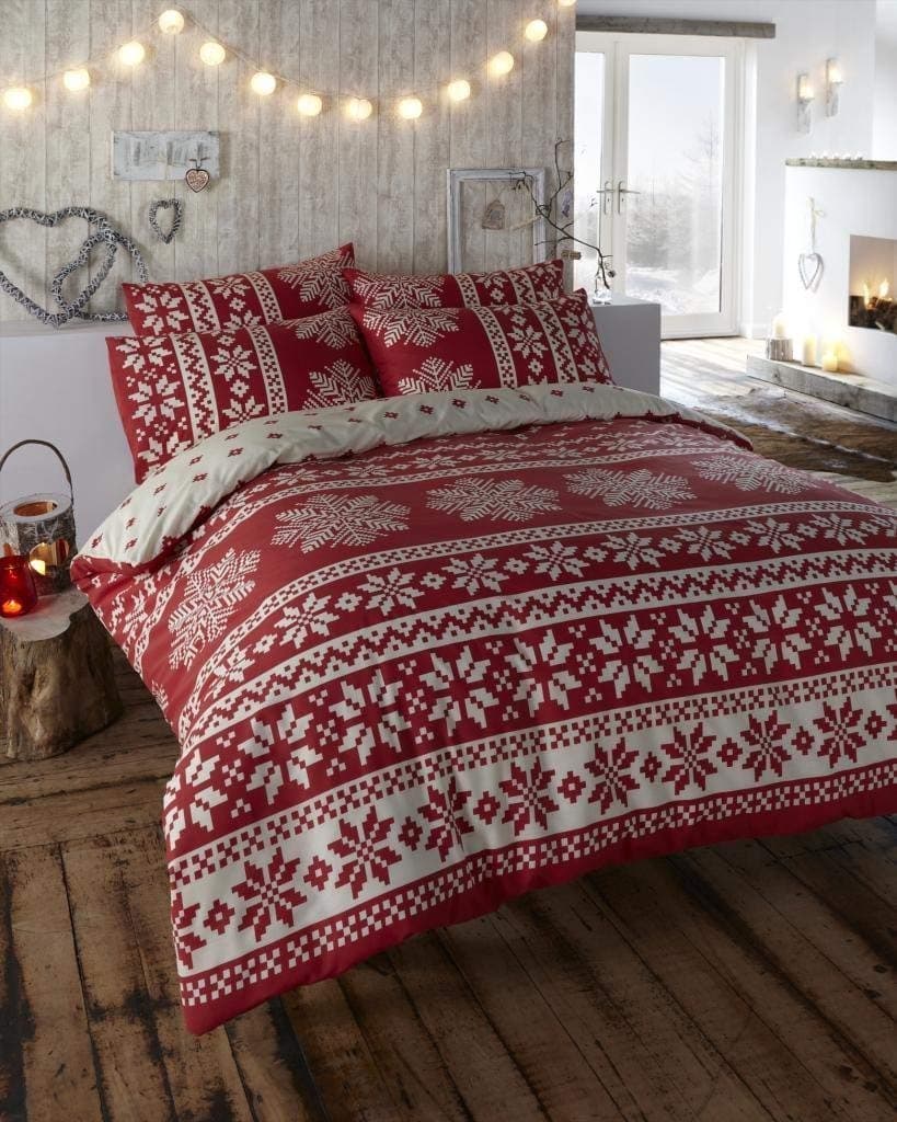 Innsbruck Flannelette Scandinavian Red Single Quilt Duvet Cover and Pillowcase Brushed Cotton Bedding Bed Set