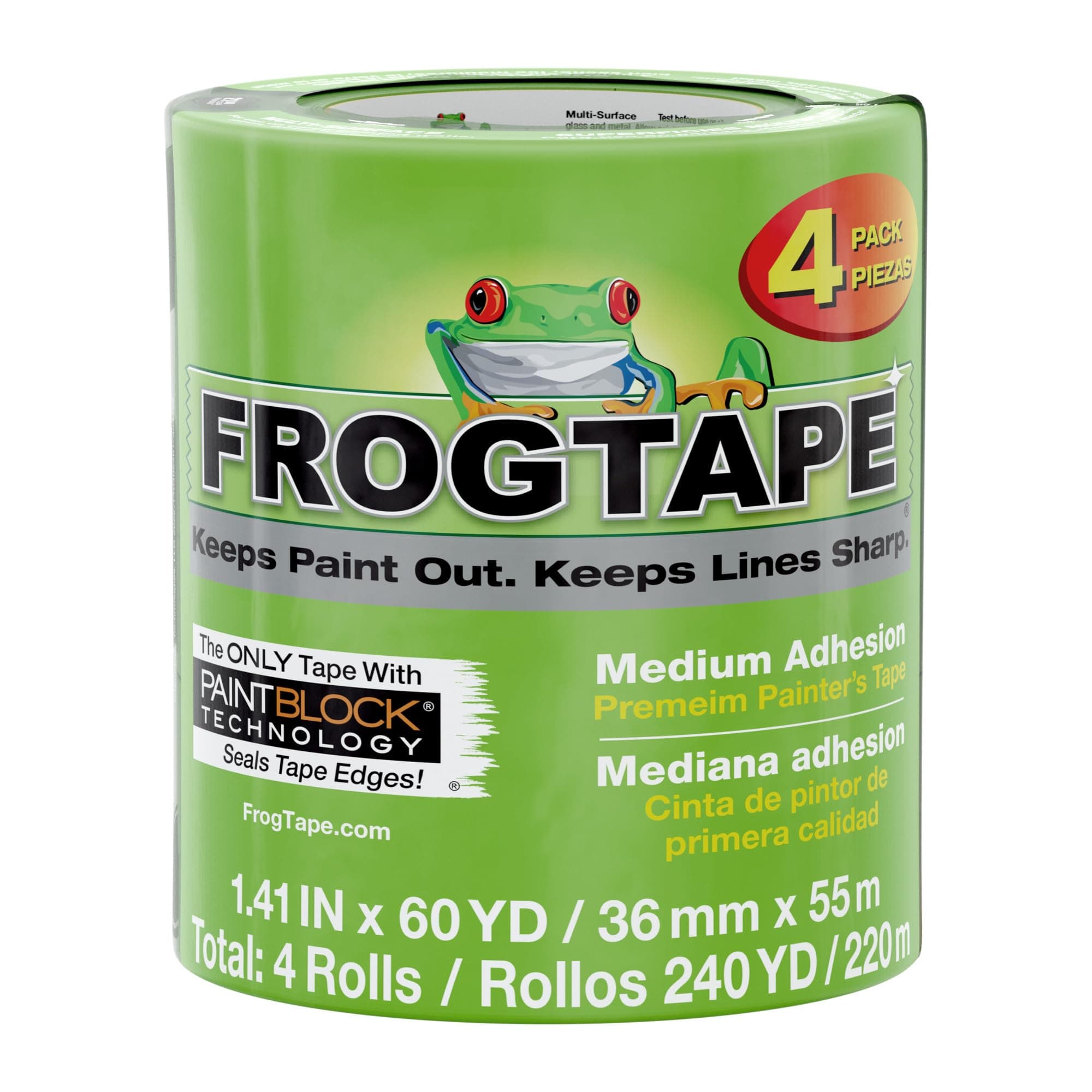 FrogTape Multi-Surface Painters Tape with PAINTBLOCK, 1.5 Inch Wide (1.41 In. x 60 Yds), Medium Adhesion, Green, 4 Rolls (240660)