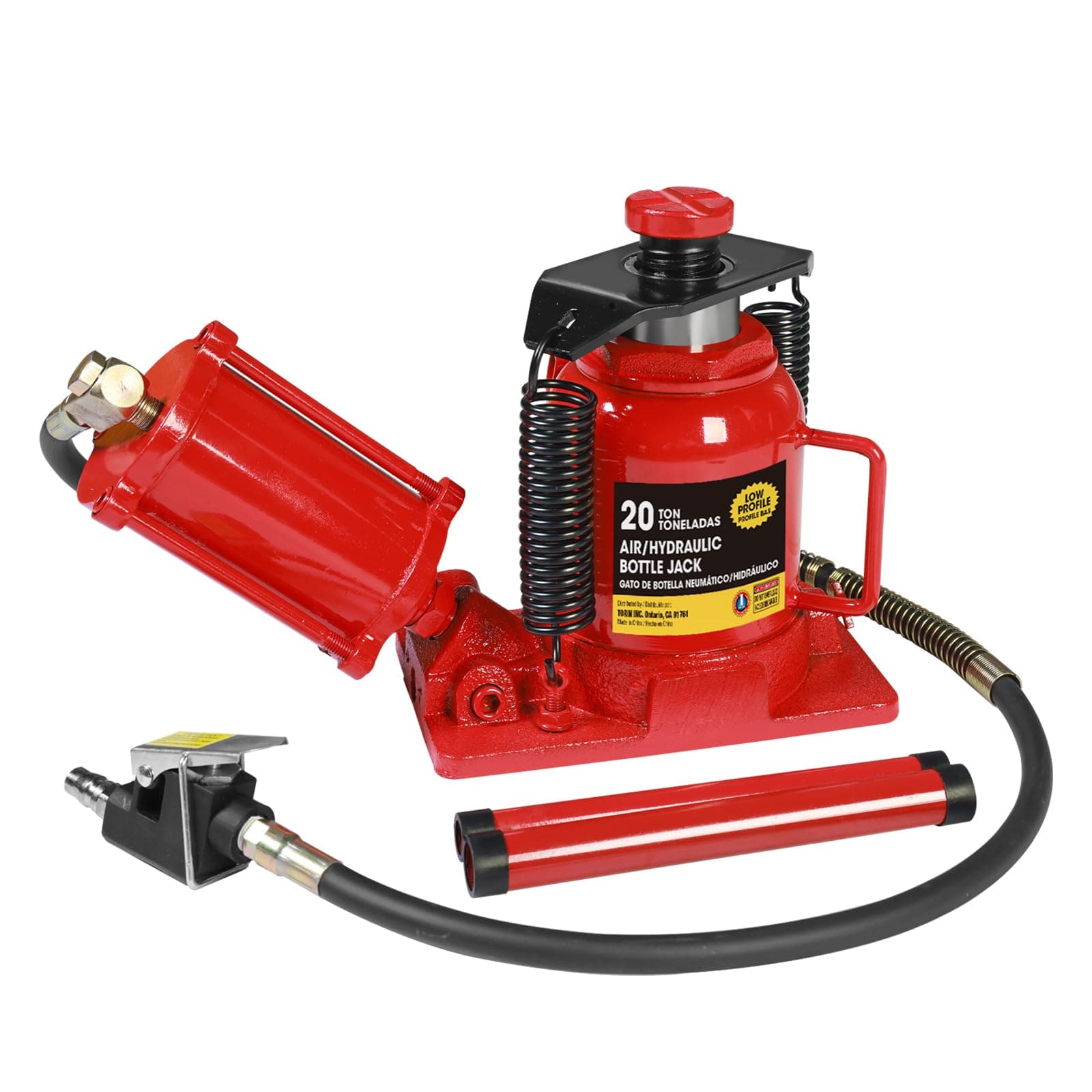 Big RED Air Jack, 20 Ton Hydraulic Bottle Jack, Lift Range 7-1/16" to 12-5/8", Low Profile Heavy Duty Jack with Dual-Power Operation, Adjustable Lift Range & Safety Valve - 20 Ton (40,000 LBS)