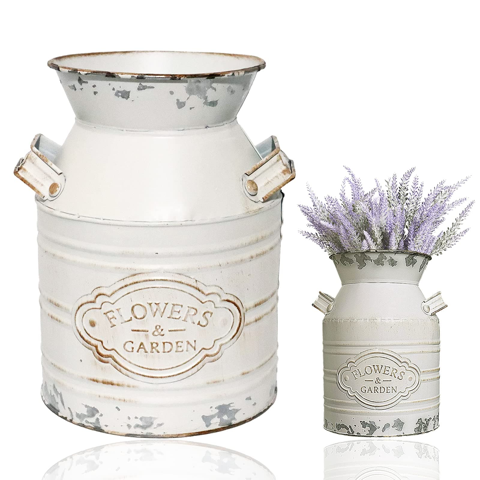 Vintage Metal Flower Vase, Metal Galvanized Milk Can White Farmhouse Vase Decor with Handle for Home Decoration,7.5 inch H