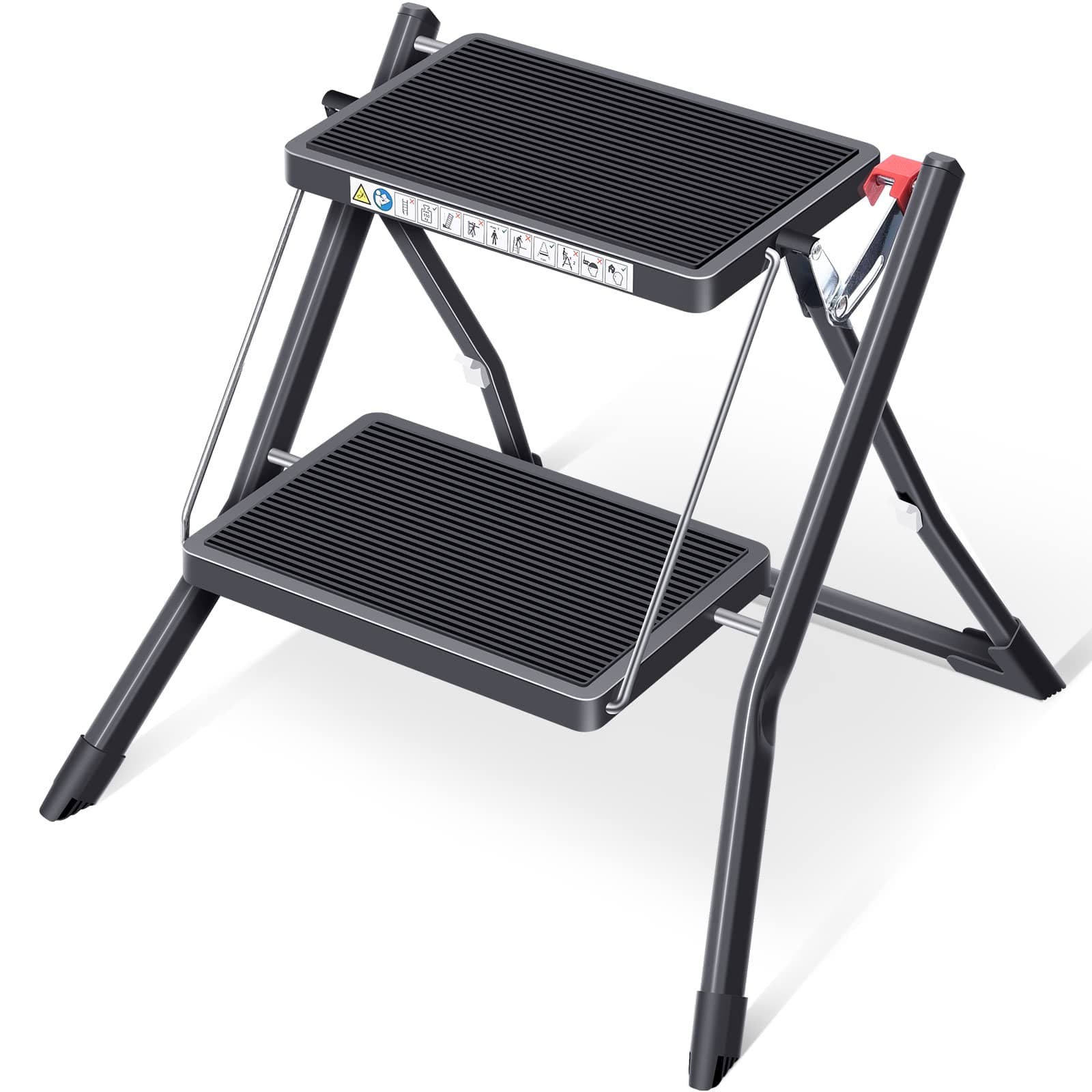 Kingrack Step Ladder Stool, Double Side Folding Step Stool, Portable 2 Step Ladder with handdle, Anti-Slip Large Platform, Slim Household Stepladder with Multi-function, Black