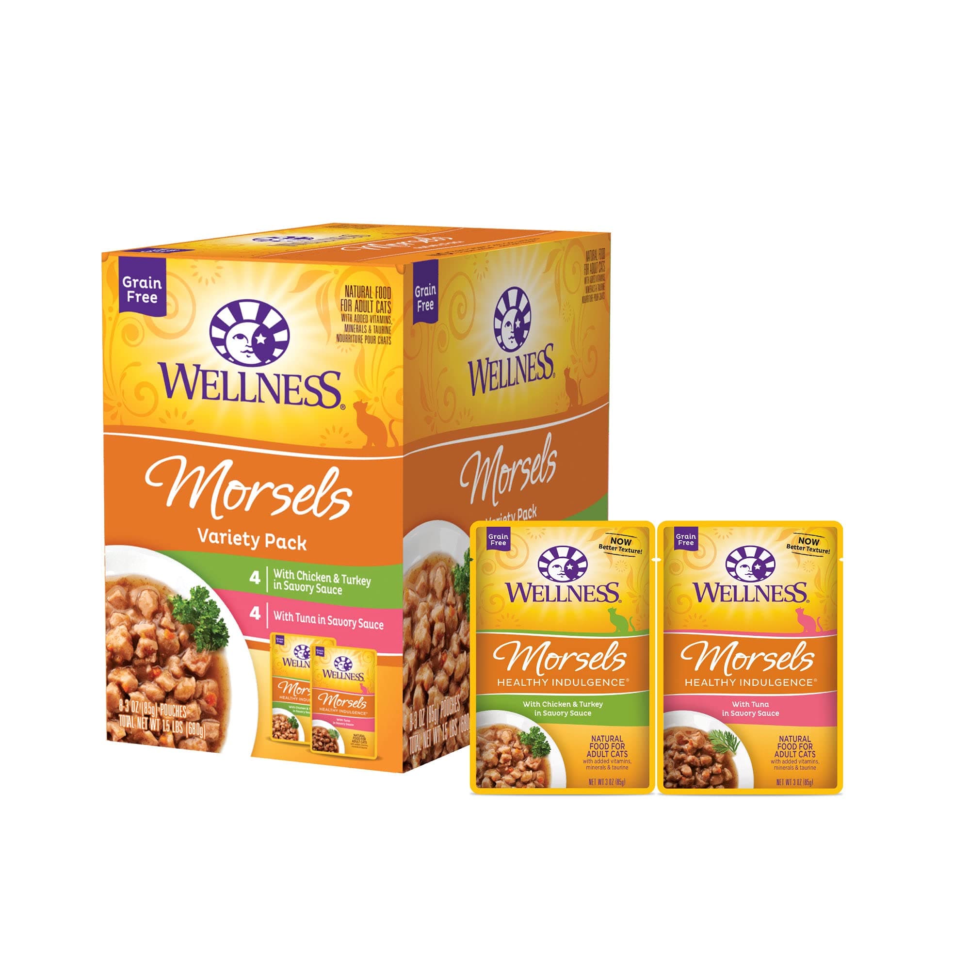 Healthy Indulgence Morsels Grain-Free Wet Cat Food, Made with Natural Ingredients and Quality Proteins, Complete and Balanced Meal, 3 oz Pouches (Morsels Variety Pack, 8 Pack)