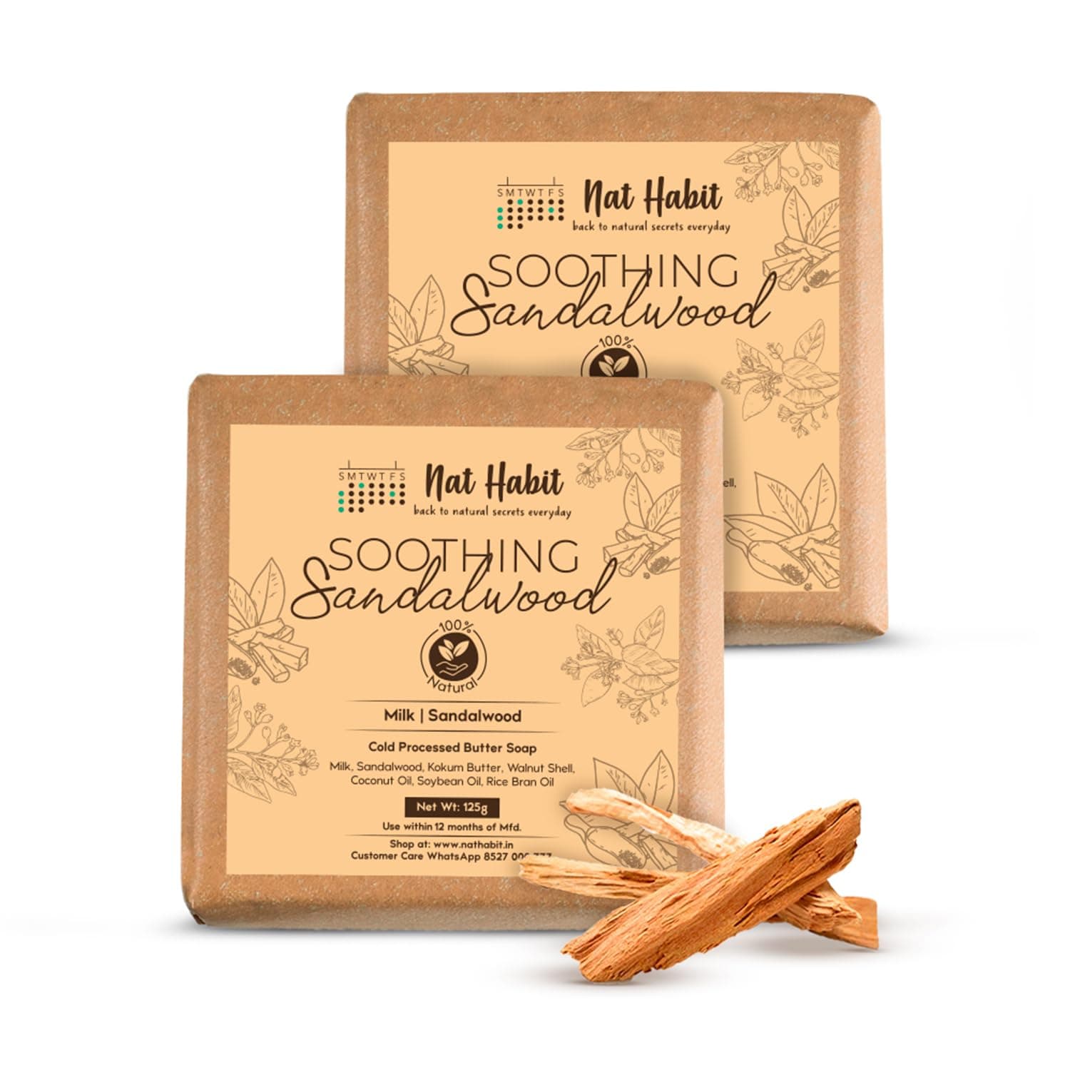 Sandalwood De-Tan Soap |Body Tan Removal Soap for Women & Men | Cold Processed Sandal for Tanning, Skin Brightening & Scar Reduction | Handmade & Anti Tan with Rakt Chandan | 125g x 2