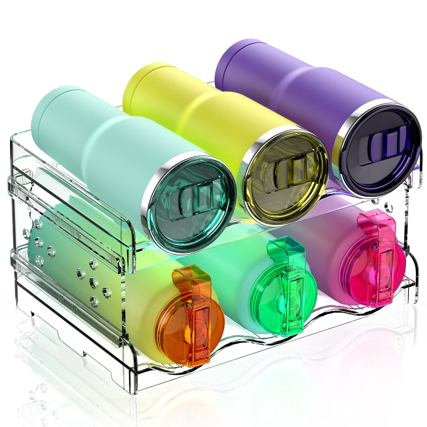 Water Bottle Organizer - 2 Pack Stackable Cup Organizer for Cabinet, Countertop, Pantry and Fridge, Free-Standing Tumbler Kitchen Storage Holder for Wine and Drink Bottles, Clear Plastic