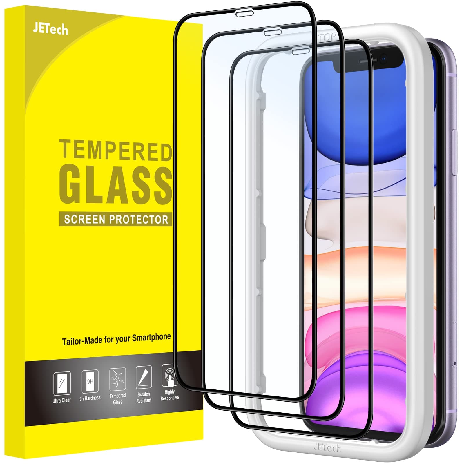 JETech Full Coverage Screen Protector for iPhone 11/XR 6.1-Inch, Black Edge, Tempered Glass Film with Easy Installation Tool, Case-Friendly, HD Clear, 3-Pack