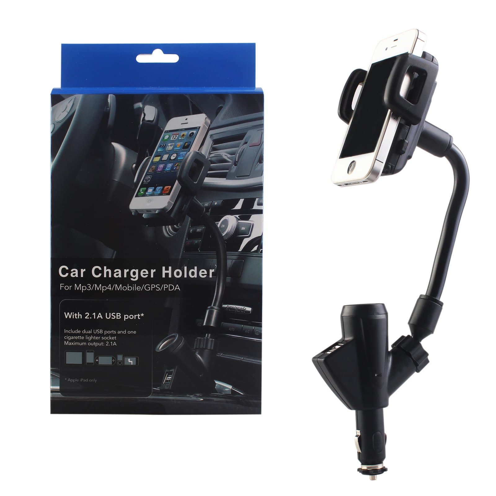 Dual 2 USB Car Charger Cradle Mount Holder Stand for iPhone Samsung MP3 MP4 GPS