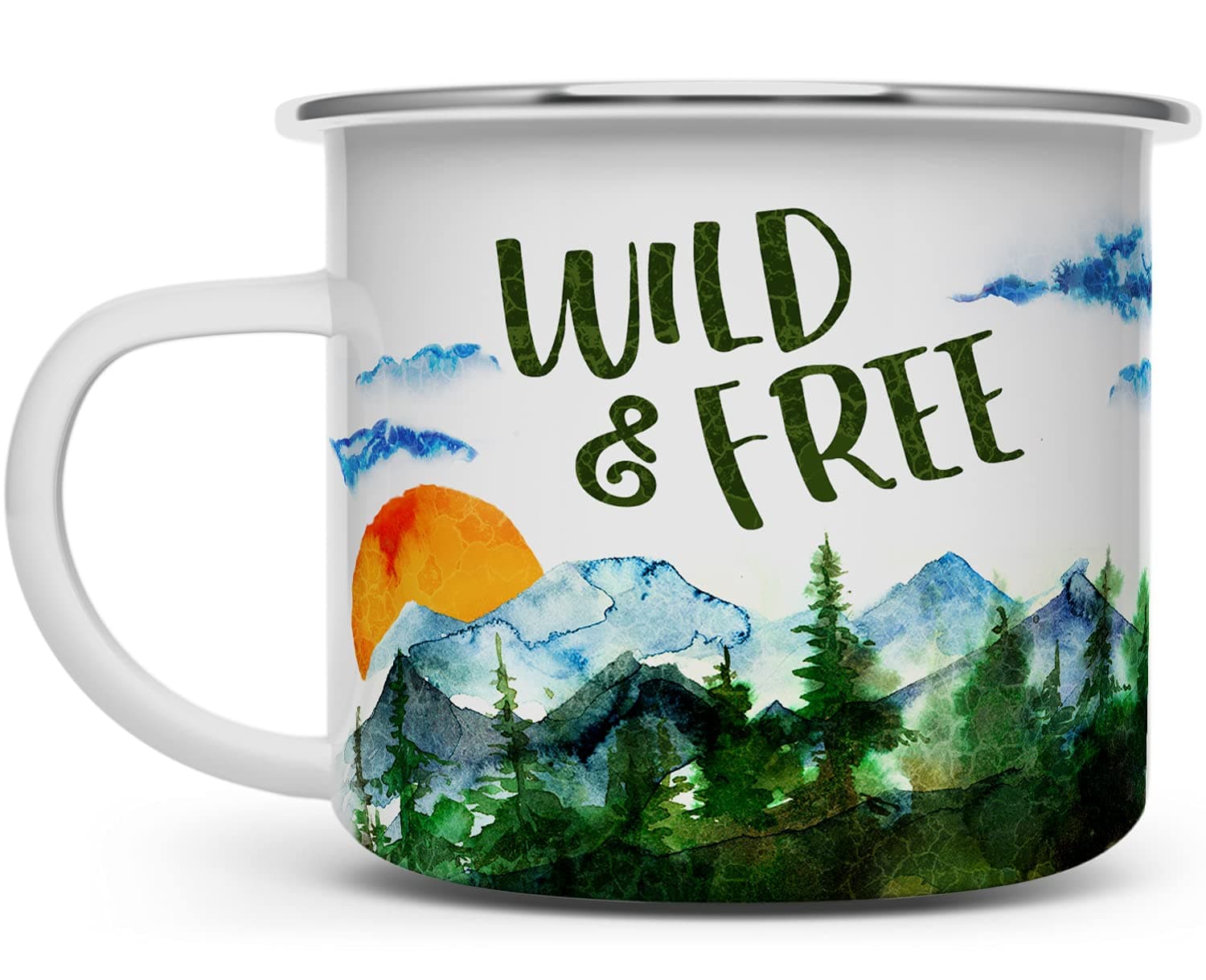 Wild and Free Enamel Campfire Mug, Outdoor Adventure Enthusiast Camping Coffee Cup, Wanderlust Mountain Nature Hiking Camp Lover Gift (16oz)