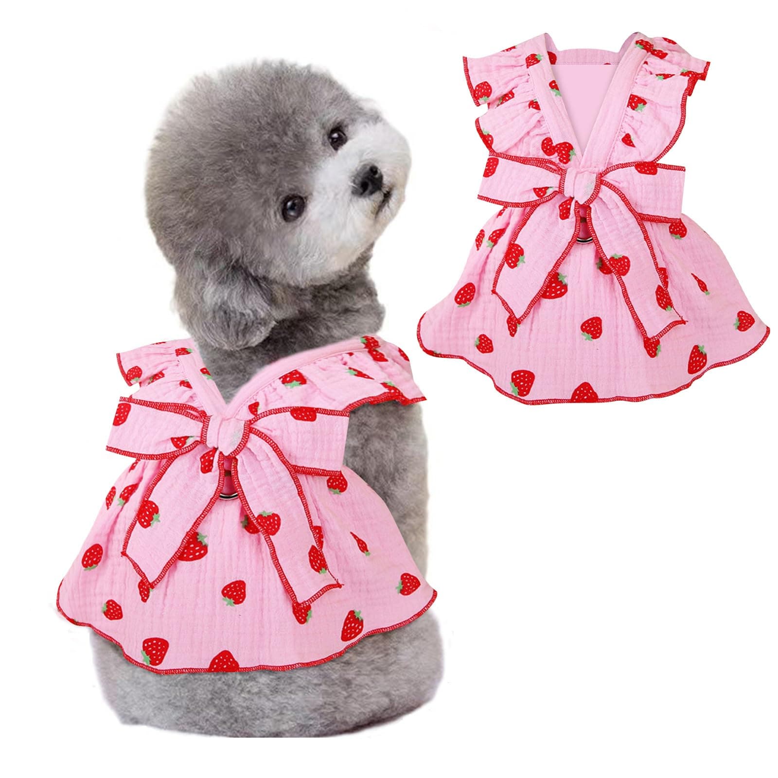 Wiz BBQTWiz BBQT Dog Dresses for Small Dogs Girl, 100% Cotton Girl Dog Clothes with Leash Ring & Bow Decor,Cute Small Dog Clothes for Girls Strawberry Print,Summer Cat Dresses for Cats Only (Pink, Large)