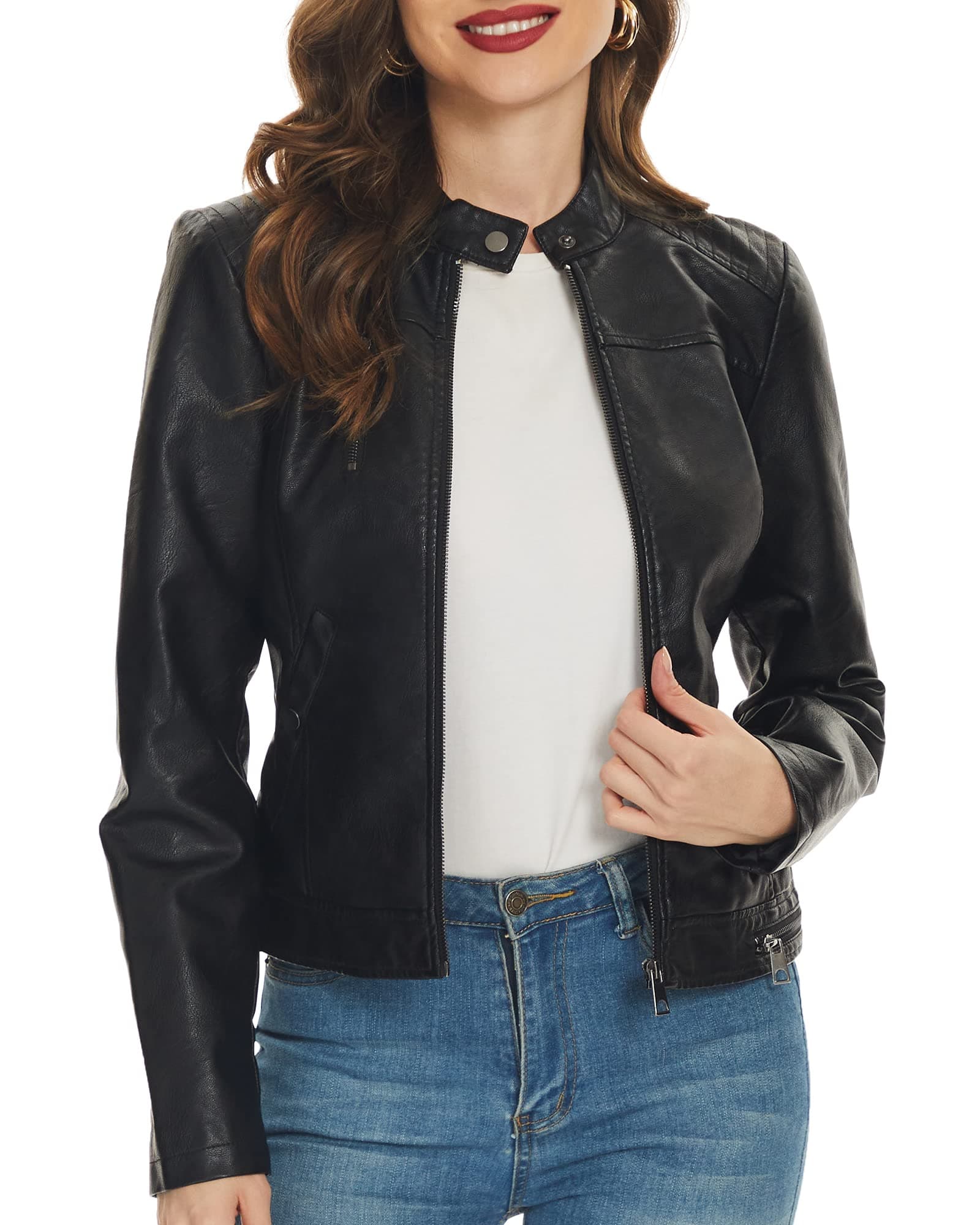 Black Faux Leather Jackets for Women Motorcycle PU Moto Biker Outwear Coat