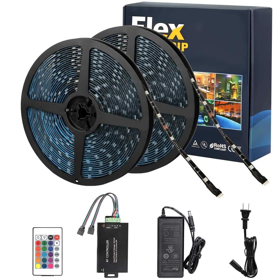 Tingkam 65.6 ft 20 M Non-Waterproof 5050 SMD RGB LED Flexible Strip Light Black PCB Board Color Changing Decoration Lighting 300 LEDs Kit + 20 Key Remote Controller