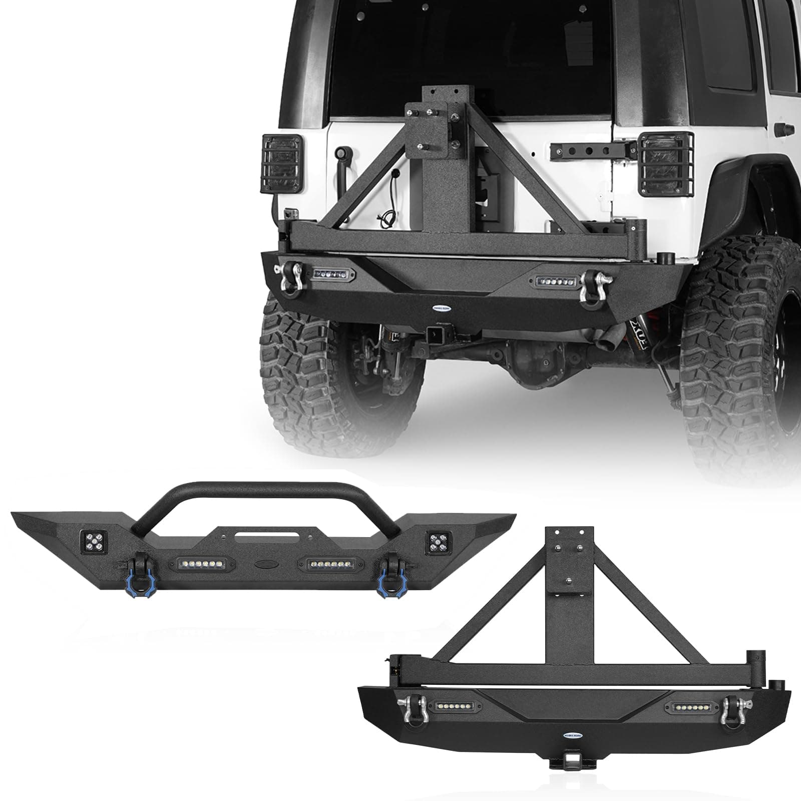 Hooke Road Wrangler Rear Bumper with Spare Tire Carrier + Steel Front Bumper Combo Compatible with Jeep Wrangler JK 2007-2018 2/4 Doors