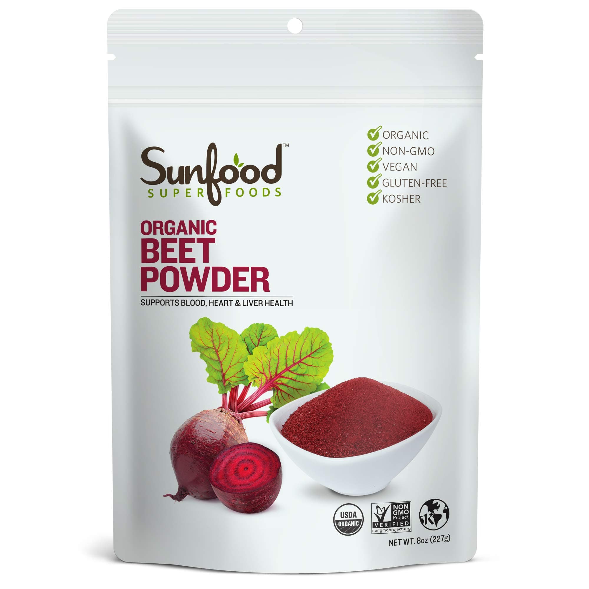 Sunfood Superfoods Organic Beet Root Powder - Beetroot for Juice & Smoothies, Natural Food Coloring for Baking, Certified USDA Organic, Non-GMO, Vegan, Gluten Free, Earth Kosher - 8 oz Bag