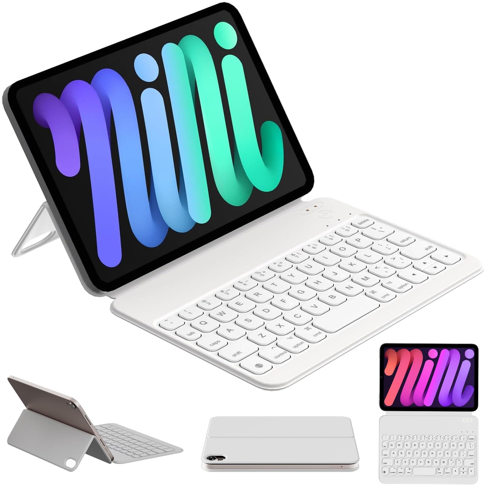 対応iPad mini 6/7(A17 Pro) キーボード付きケース、多角度調整、マグネットバックパネル、ショートカットキーの組み合わせ、超軽量、Bluetooth、英語配列、ミルク色