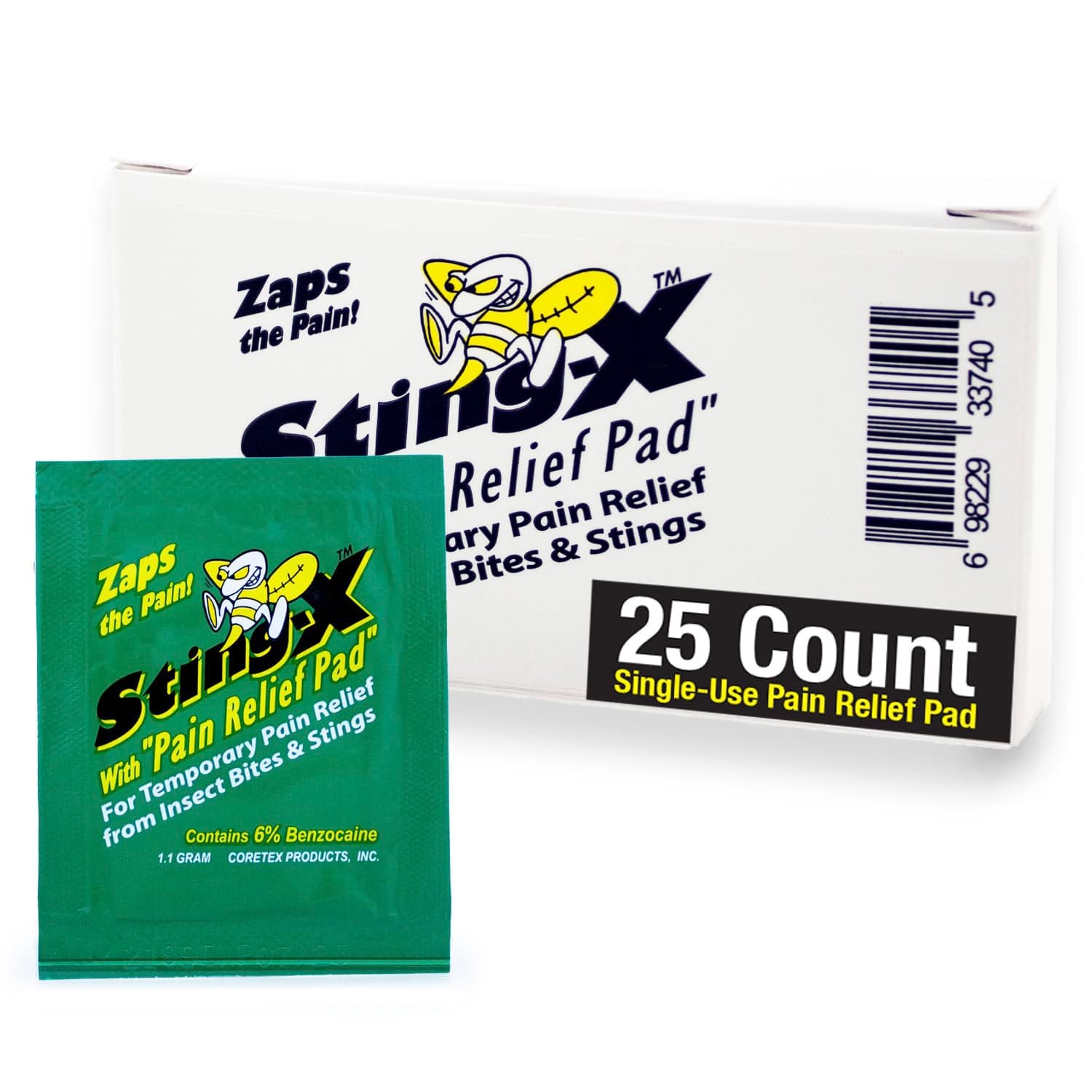 CoreTex Sting X Insect Sting Relief Wipes - Pack of 25 Single-Use Pain Relief Pads Containing 6% Benzocaine - Relieves Discomfort from Bees, Wasps, Hornets, Mosquito Bites, & More