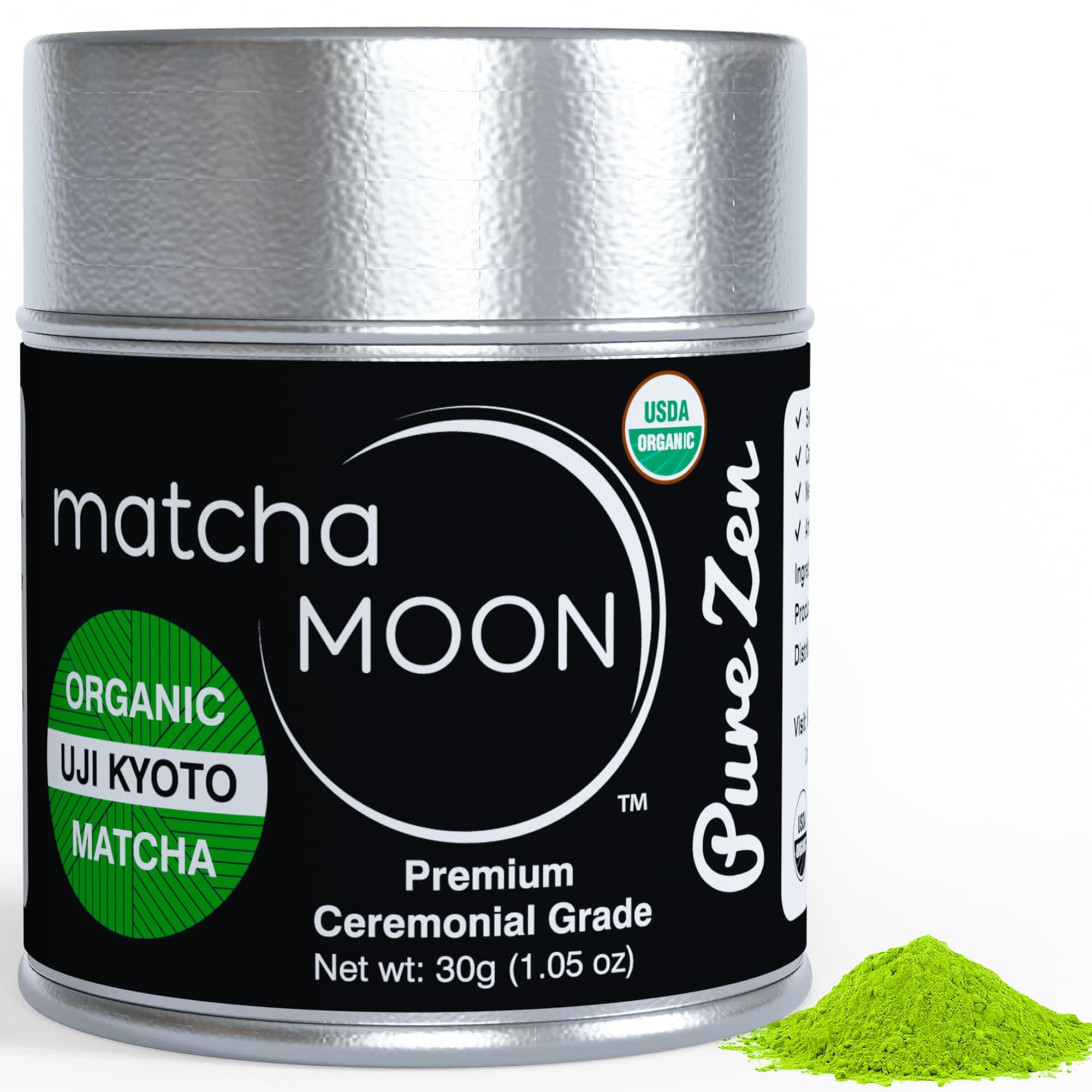 Matcha Moon Organic Ceremonial Grade Matcha Green Tea Powder - Pure Zen - Ideal for Traditionally Whisked Tea - 30g Tin (1oz) - Finest Matcha Powder for Authentic Tea Experience