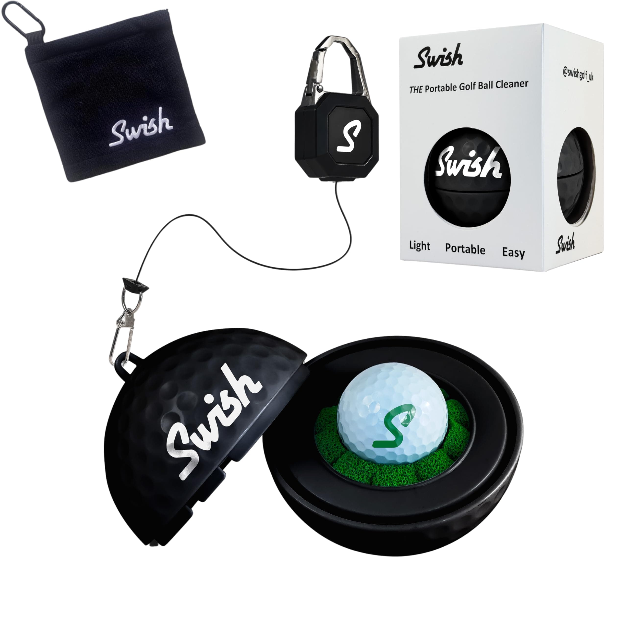 Swish Portable Golf Ball Cleaner for Golf Bag or Cart - Best Golf Accessories - Gifts (Black)