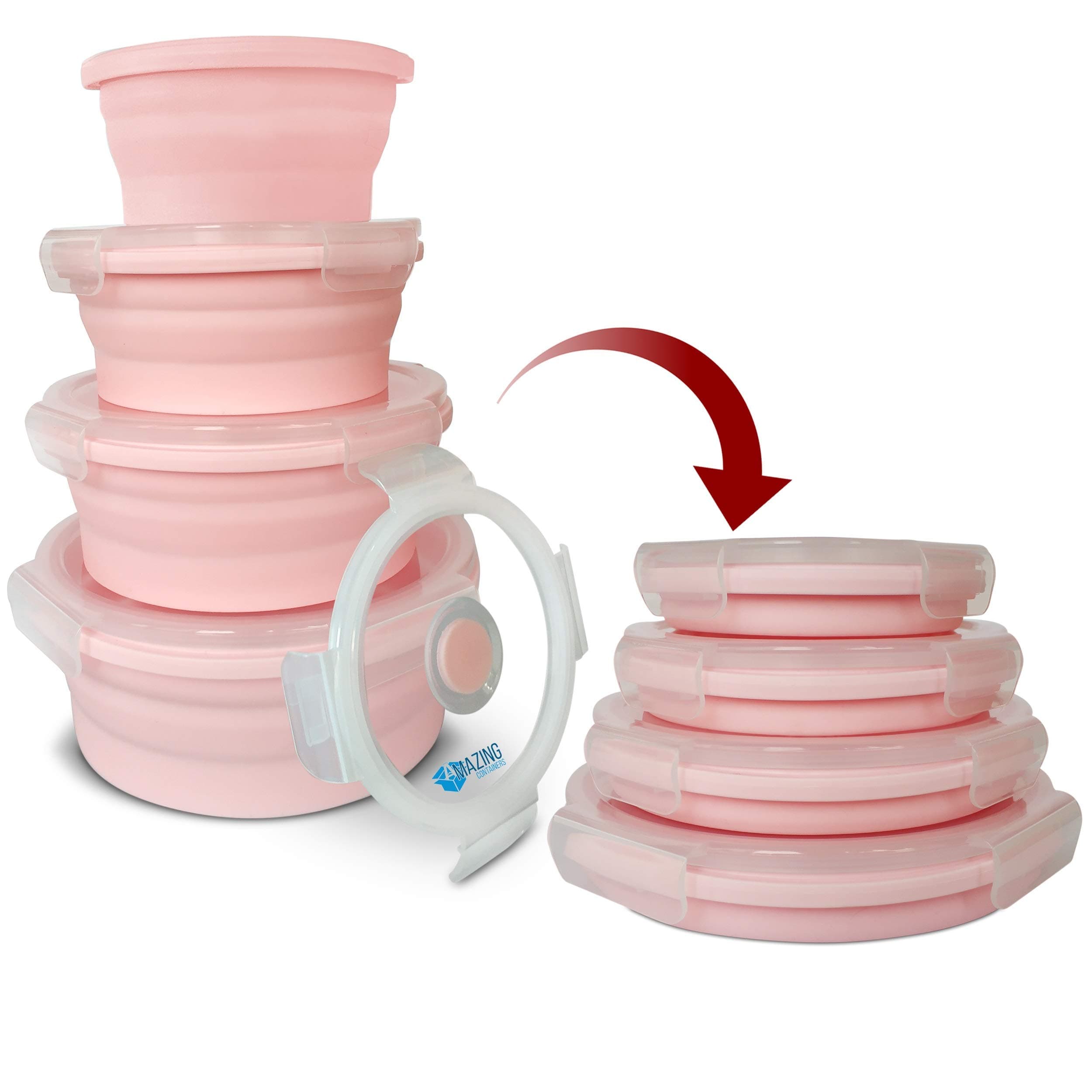 Silicone Collapsible Food Storage Containers with Lid | Collapsible Camping Bowls|Round food storage containers for Travel, Stackable & Space Saving| Microwave, Dishwasher and Freezer Safe (Pink)