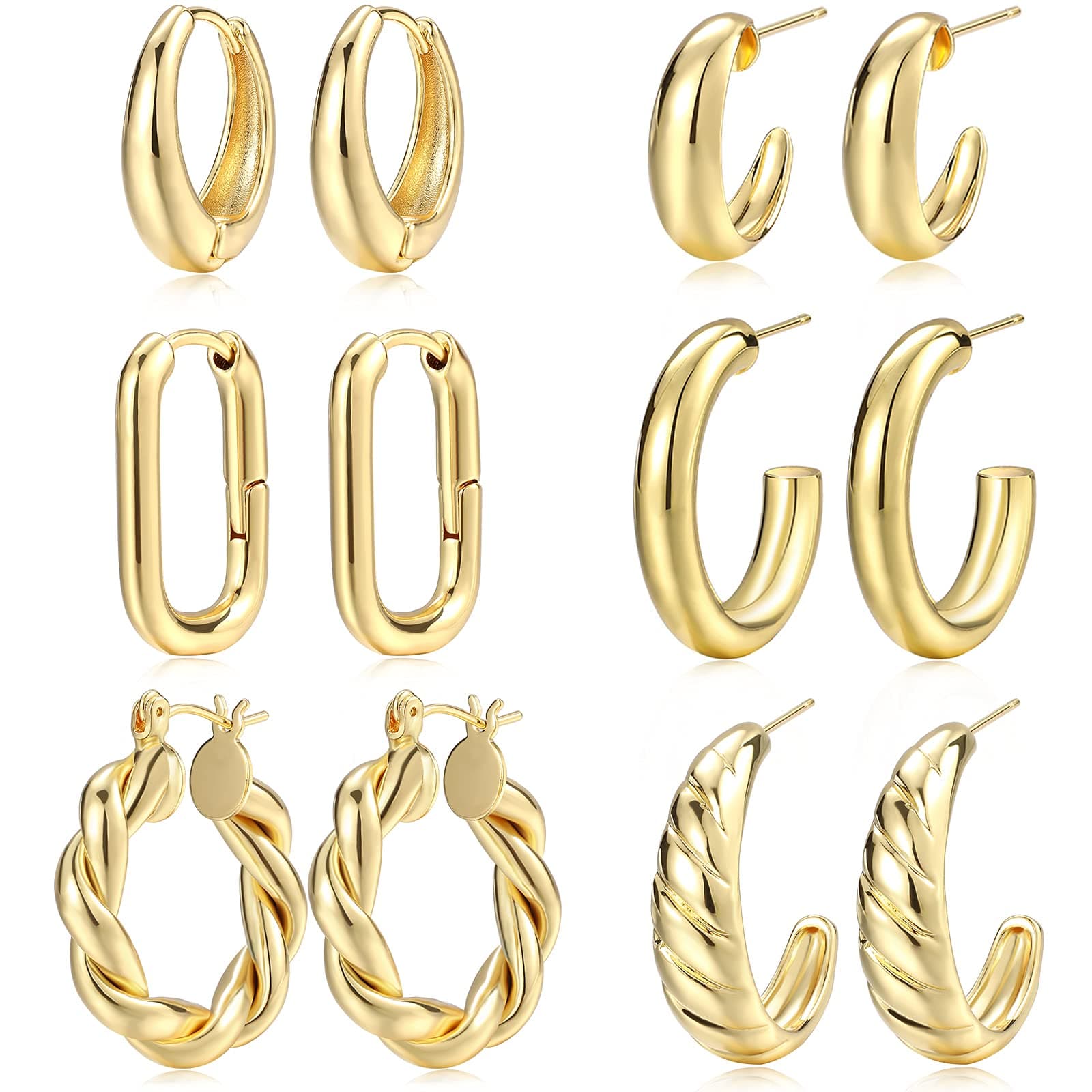 Gold Hoop Earrings Set for Women, 6 Pairs 14K Gold Plated Lightweight Hypoallergenic Chunky Open Twisted Hoops Earrings Pack Jewelry