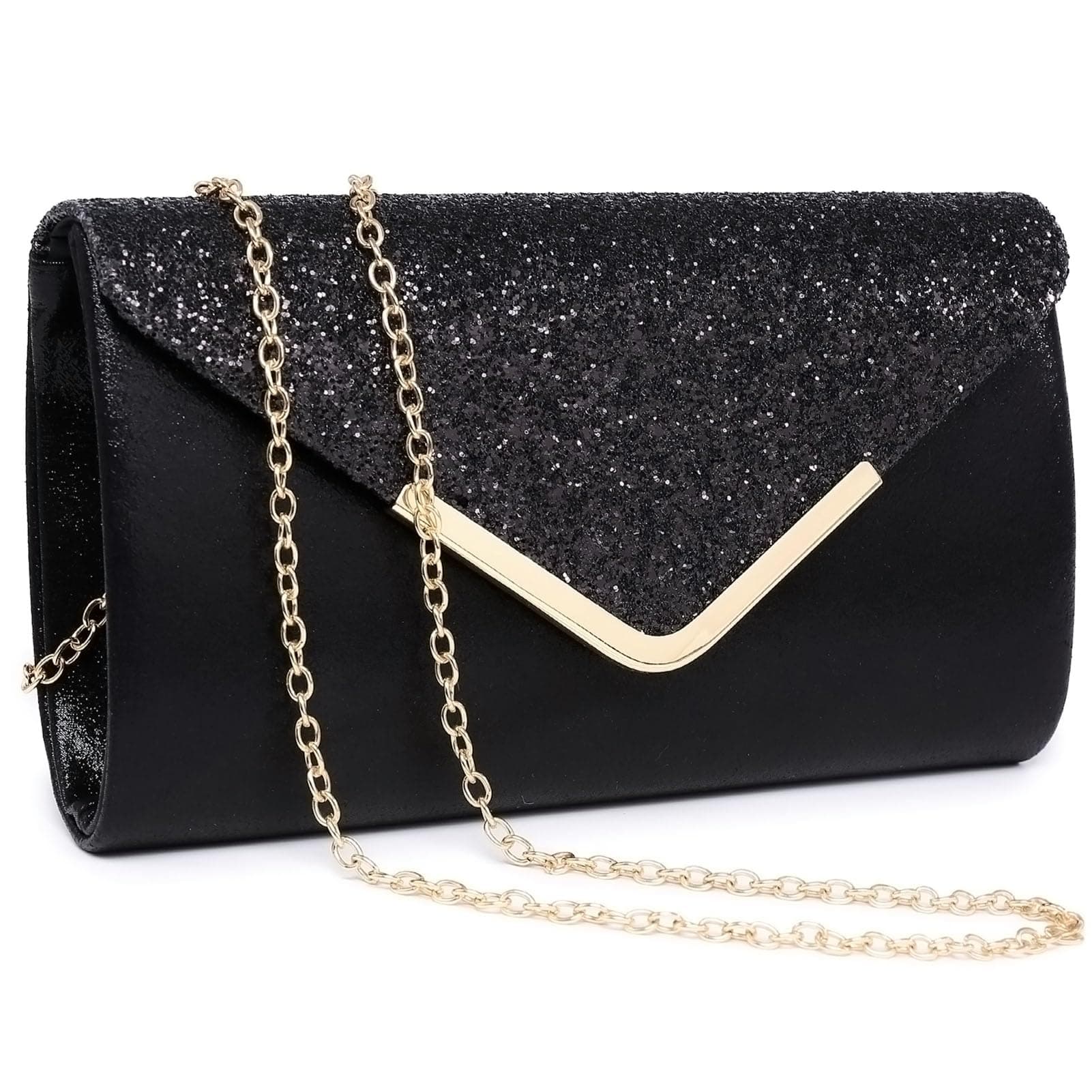 Women Evening Bags Formal Clutch Purses for Wedding Party Prom Handbags with Shoulder Strap and Glitter Flap (Black)