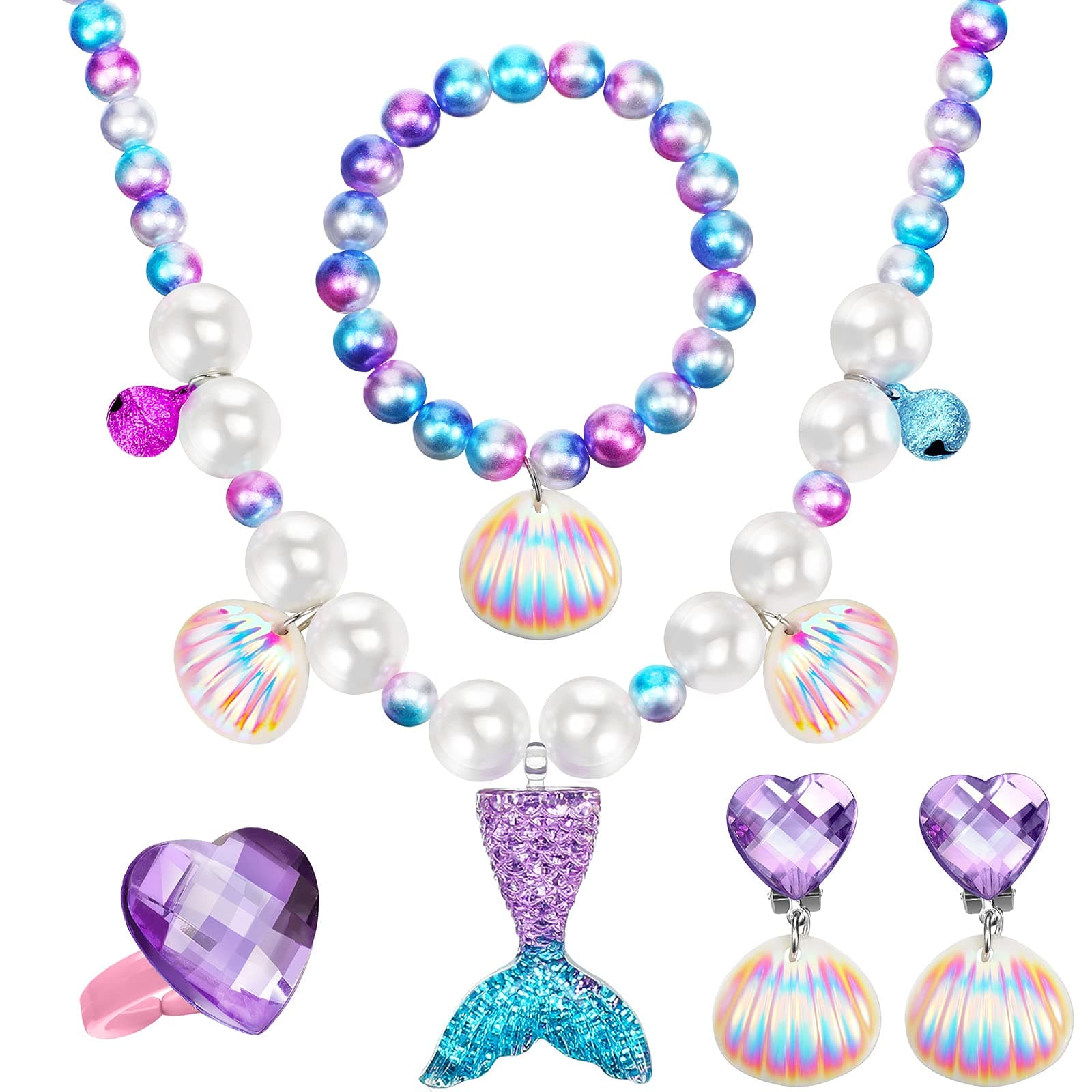 Mermaid Jewelry Set for Girls, 4 Pcs Mermaid Necklace Bracelet Ring Earrings for Kids Little Girls Christmas Halloween Dress up Pretend Play Supplies Birthday Gifts