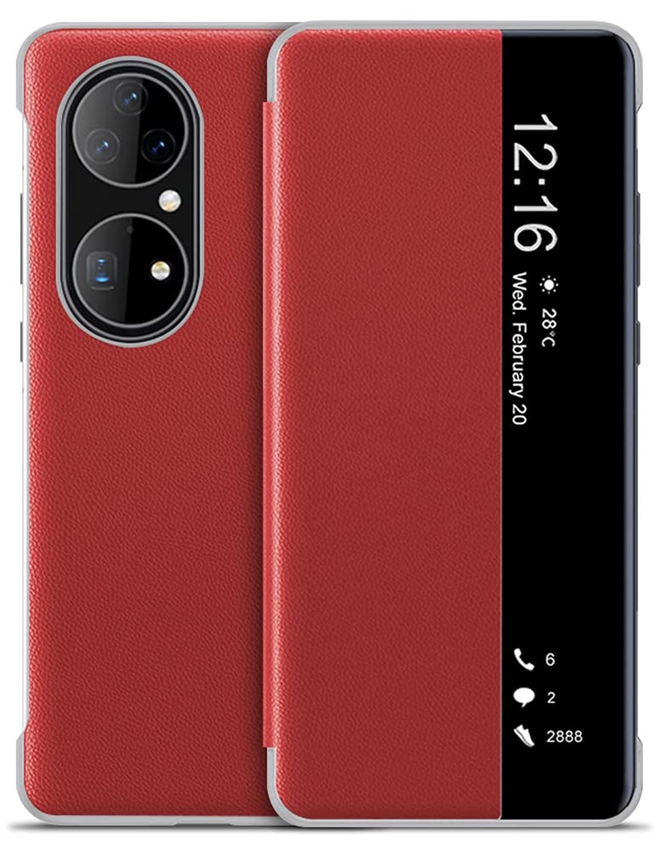 Designed for Huawei P50 Pro Case, Smart View Window Flip Cover Case PU Leather Protective Case for Huawei P50 Pro 6.6" (Red)
