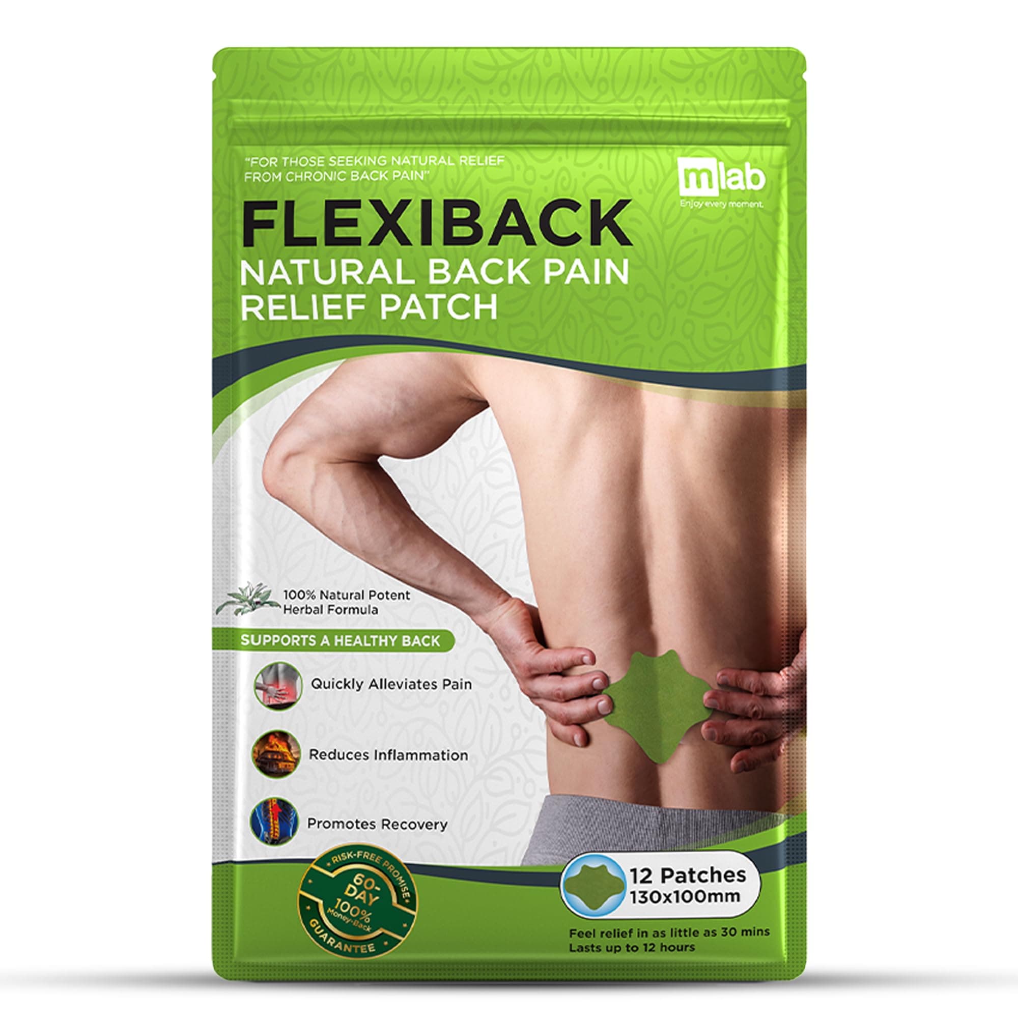FlexiBack Natural Back Relief Patches - Herbal Lumbar Spine Patch for Soreness, Discomfort, Sciatica, Strain, Imbalances - Easy-to-Apply Low Back Relief Strips for Men & Women - 12 Pack